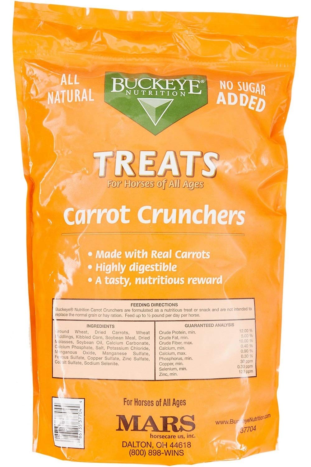Buckeye Nutrition Carrot Crunchers on a horse's plate highlighting a palatable daily snack.
