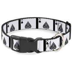 Buckle-Down Ace of Spades collar close-up shows durable buckle for daily adventures.
