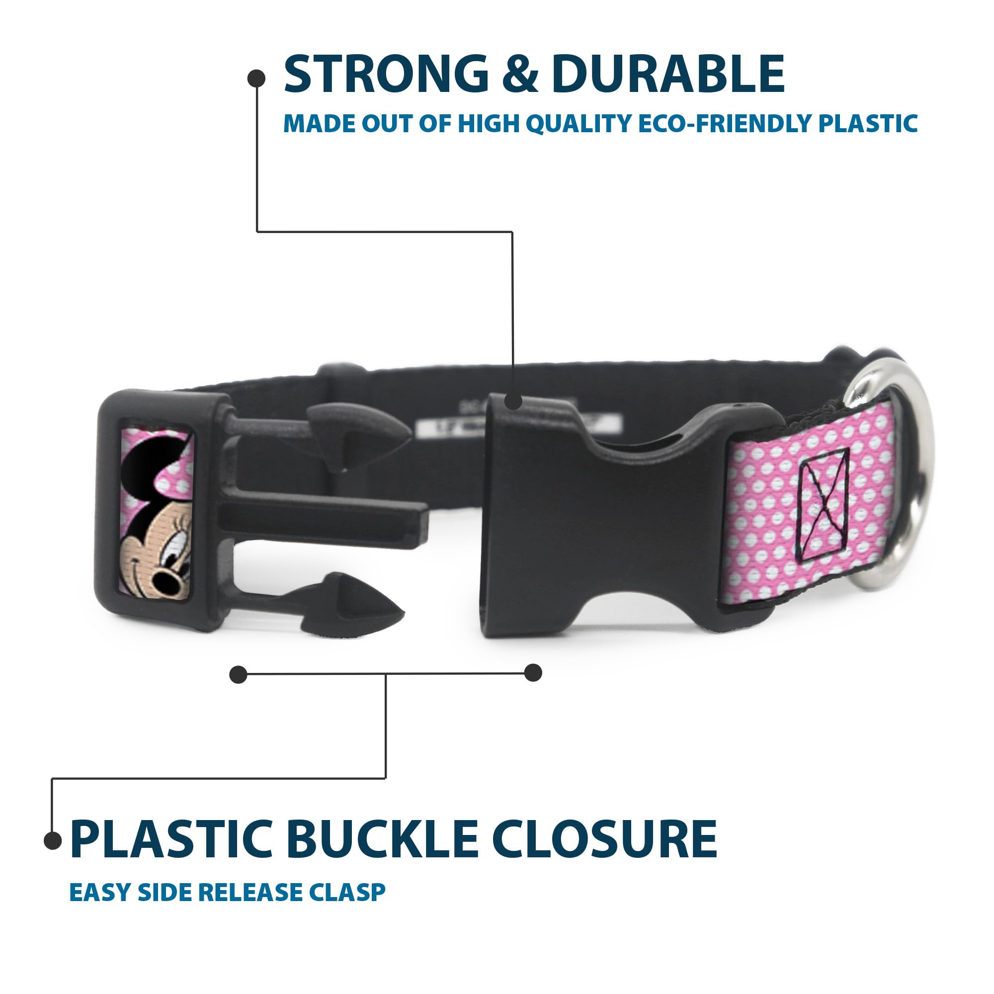 Buckle-Down Disney licensed collar in pink white polka dots for stylish daily adventures.