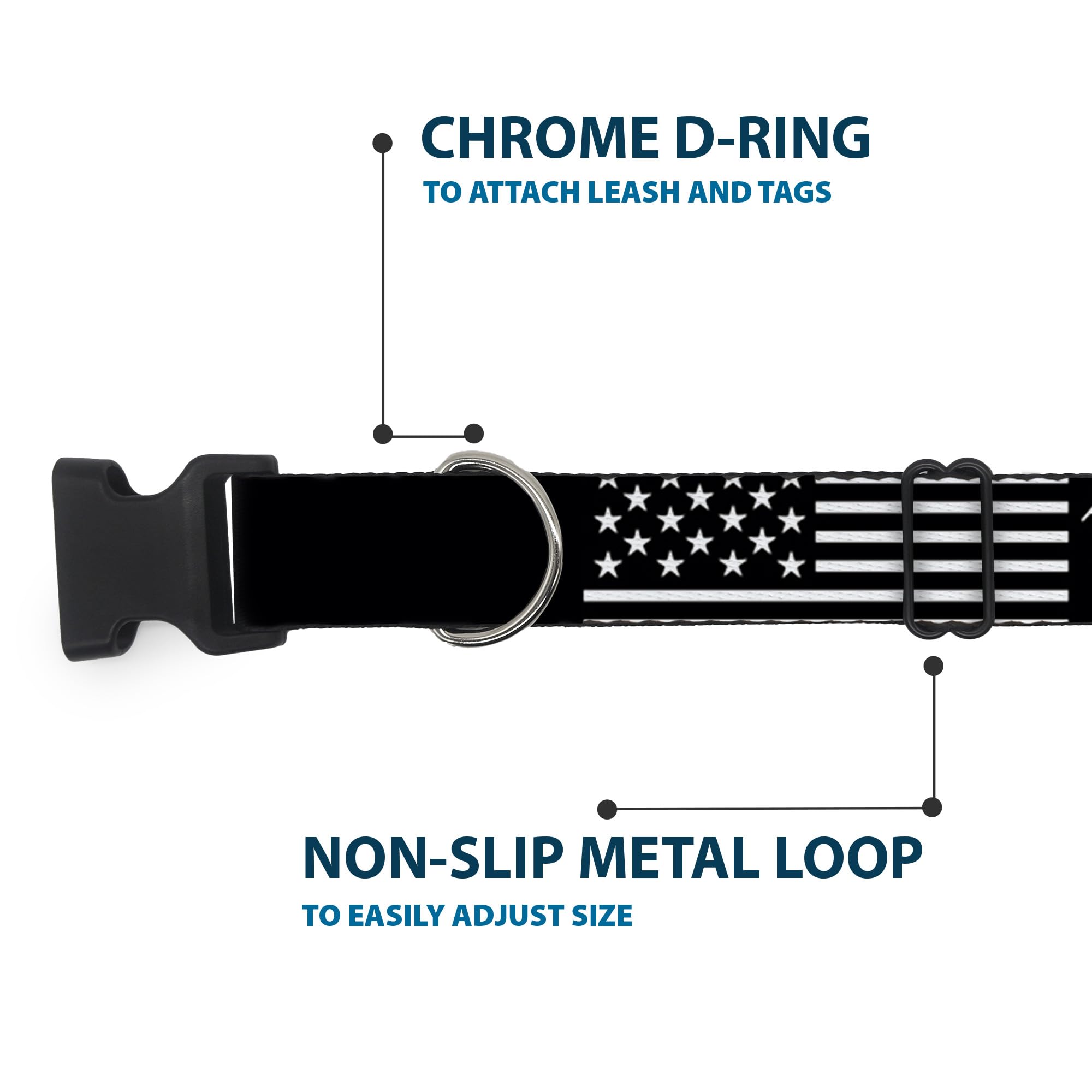 Buckle-Down Americana flag buckle detail highlights tough plastic clasp.