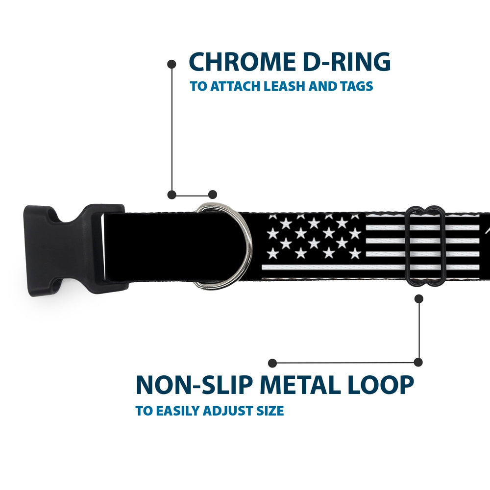 Buckle-Down Americana flag buckle detail highlights tough plastic clasp.