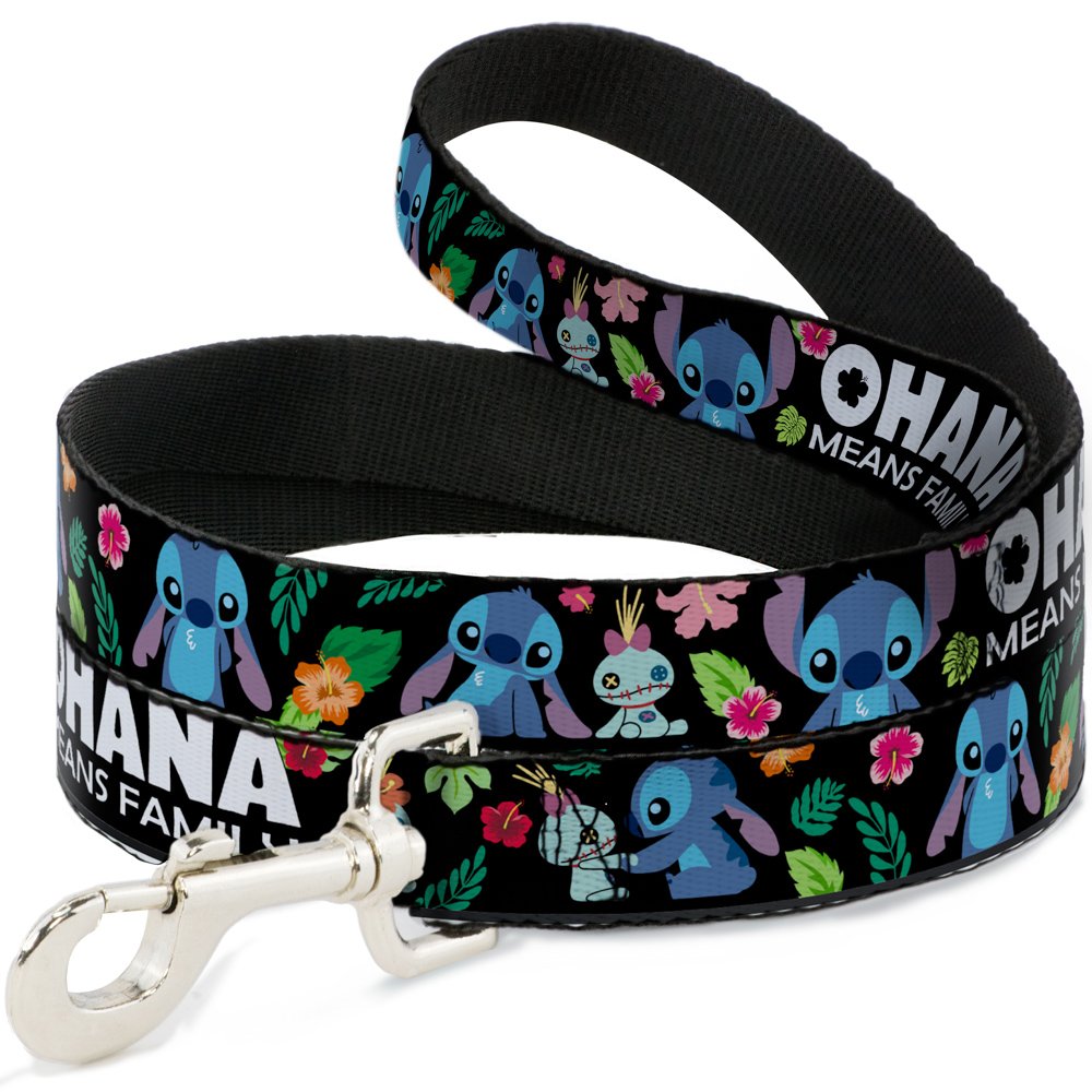 Buckle-Down dog leash Ohana Stitch tropical flora print on black for durable daily walks.