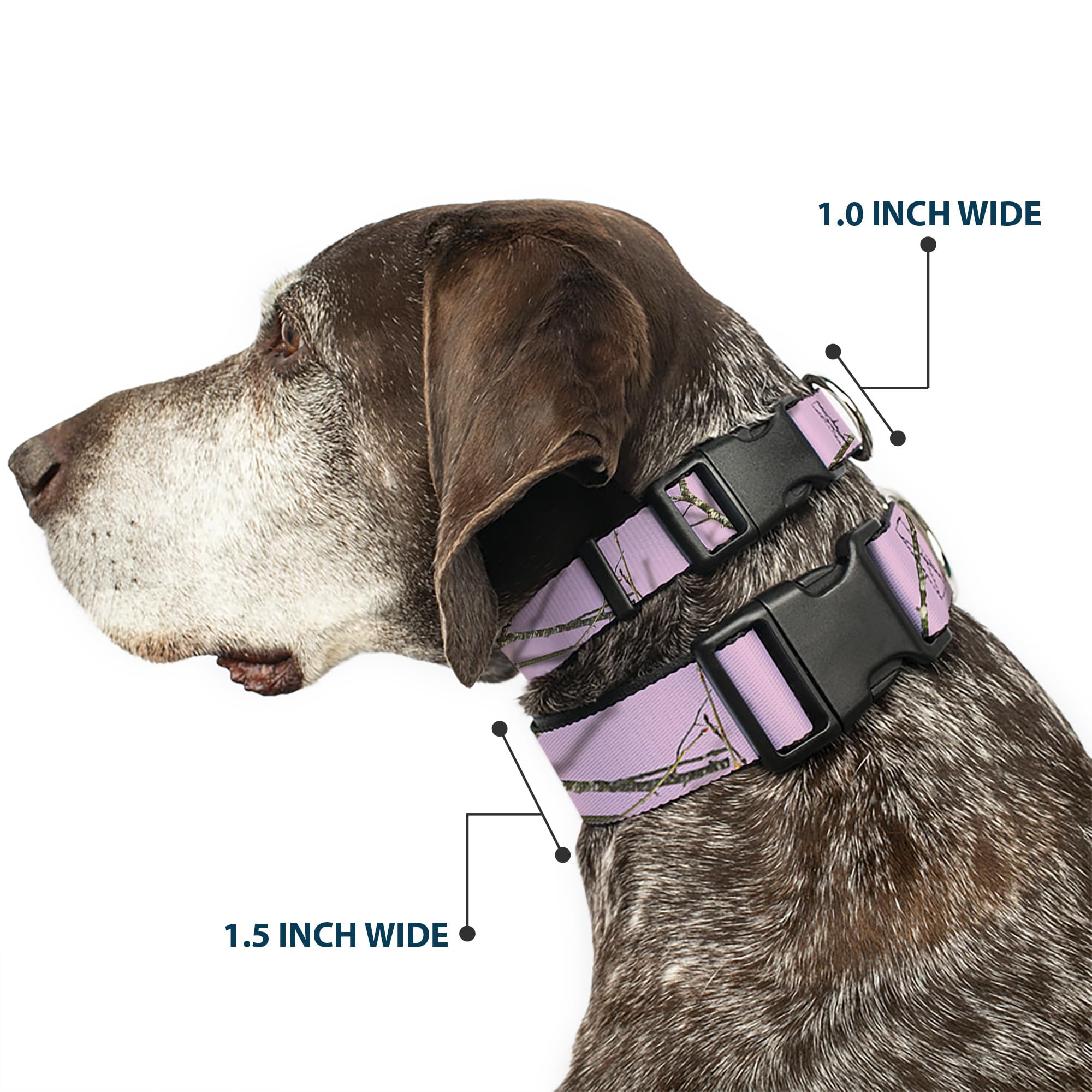 Buckle-Down Mossy Oak collar buckle close-up shows durable plastic clip.