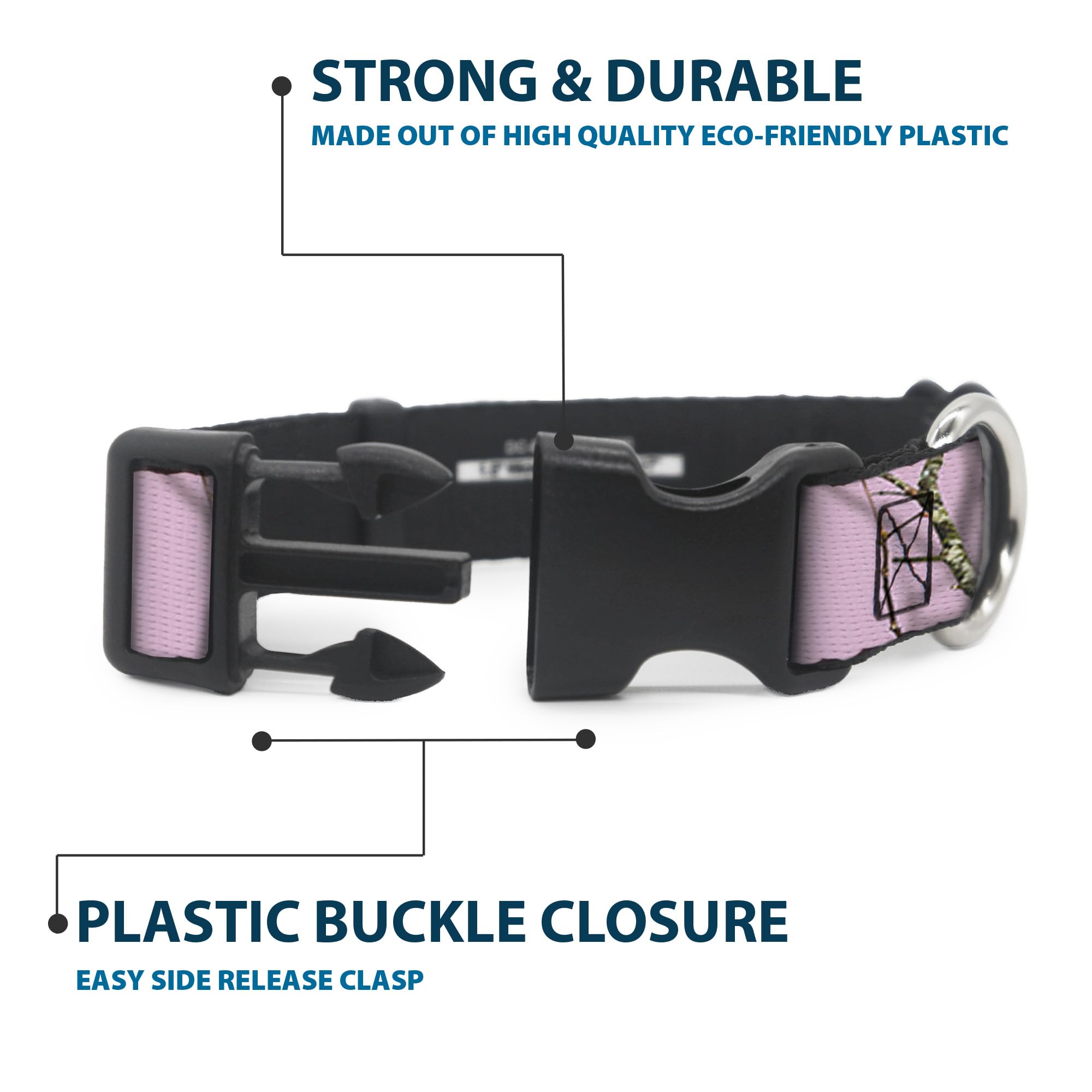 Buckle-Down Mossy Oak collar side profile reveals camo colors.