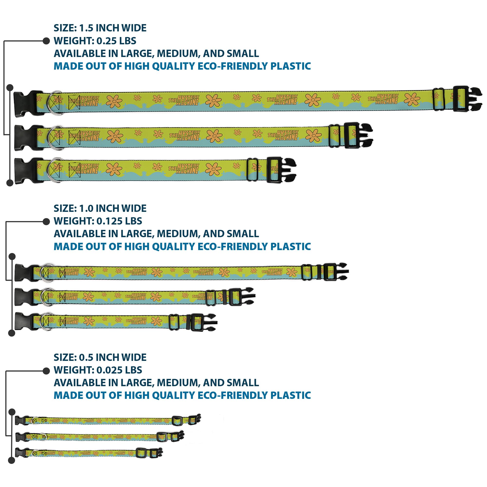 Buckle-Down Scooby-Doo collar closeup highlights durable plastic buckle for long-lasting daily use.