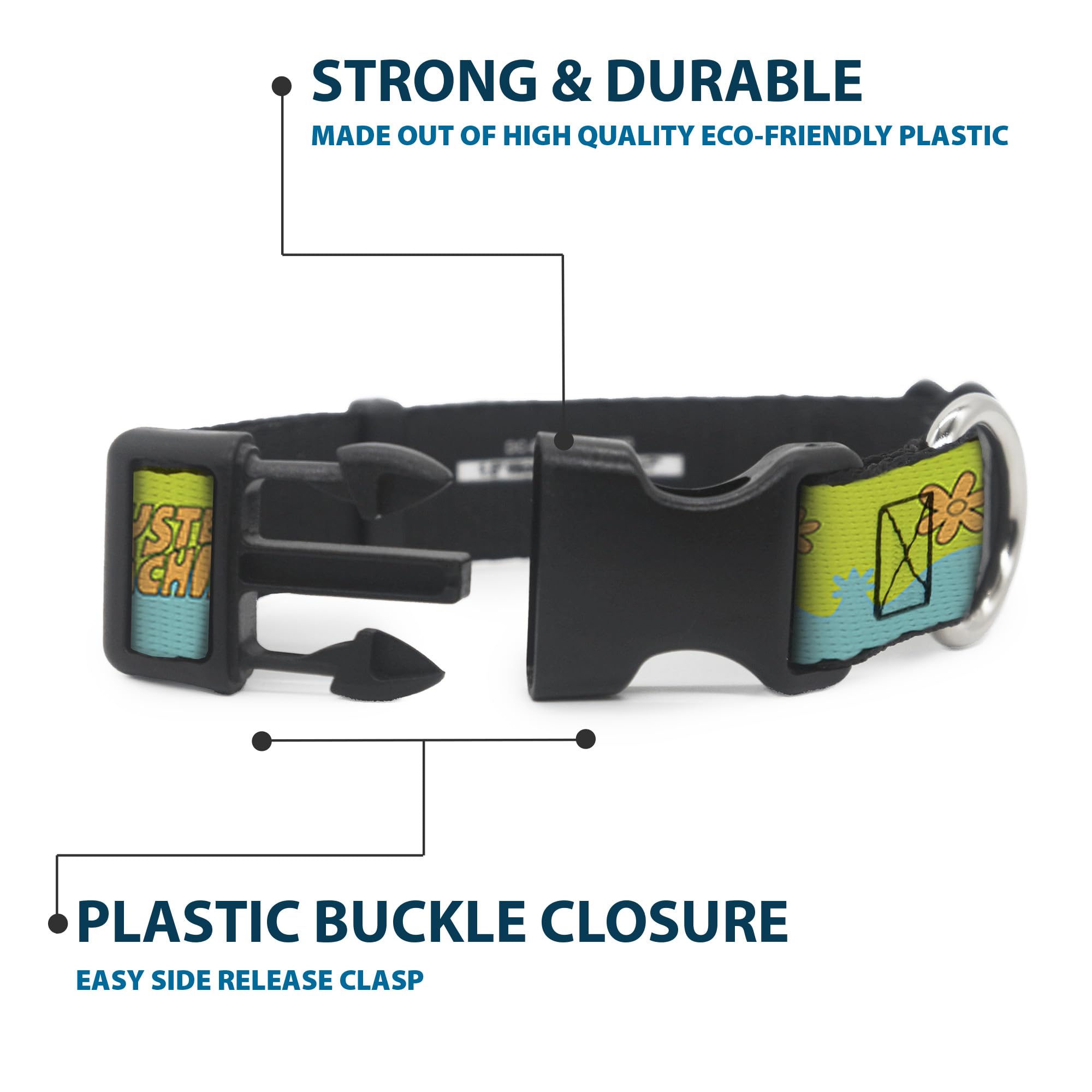 Buckle-Down Scooby-Doo collar fabric closeup showcases tough polyester and bold seasonal styling.