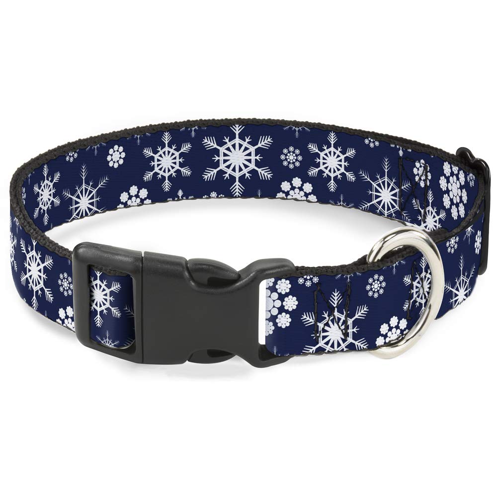 Buckle-Down Snowflakes collar closeup highlights durable buckle for active dogs.