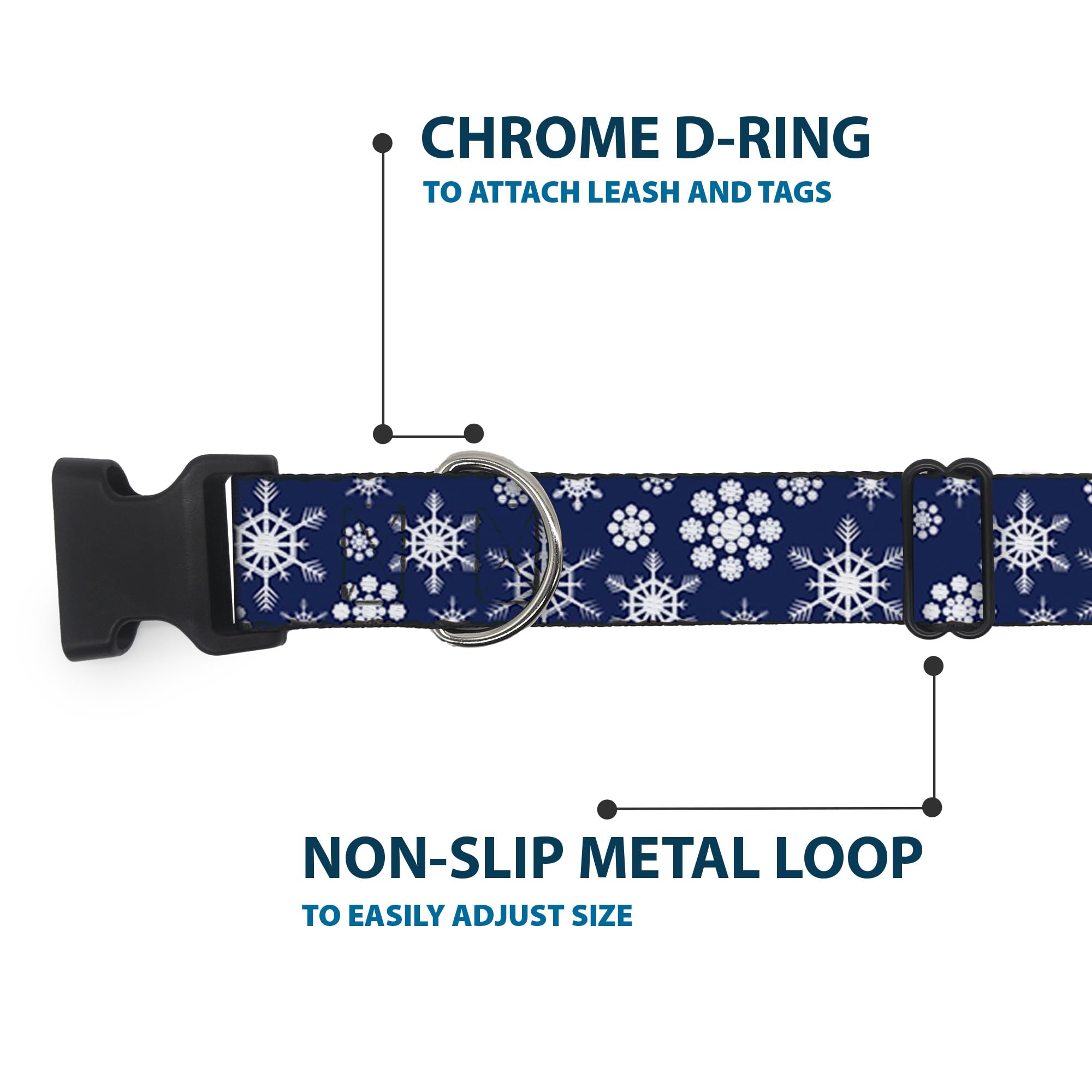 Buckle-Down Snowflakes collar D-ring sturdy for leash attachment.