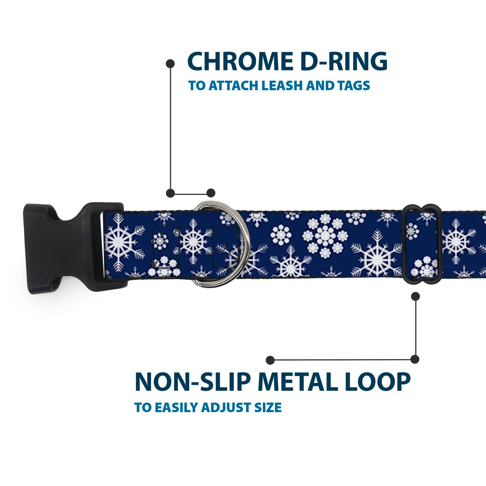 Buckle-Down Snowflakes collar D-ring sturdy for leash attachment.