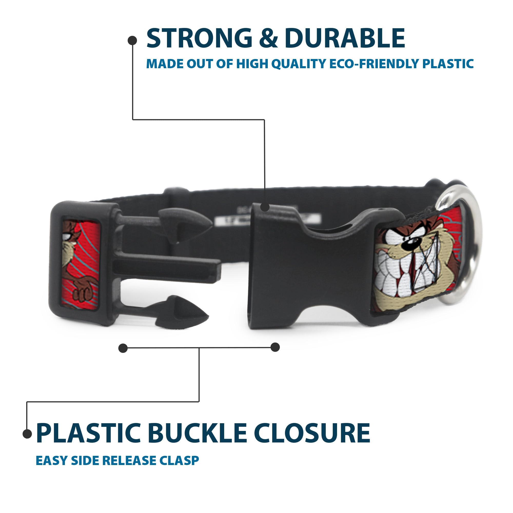 Buckle-Down Tasmanian Devil D-ring closeup highlights strong leash attachment.