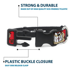 Buckle-Down Tasmanian Devil D-ring closeup highlights strong leash attachment.