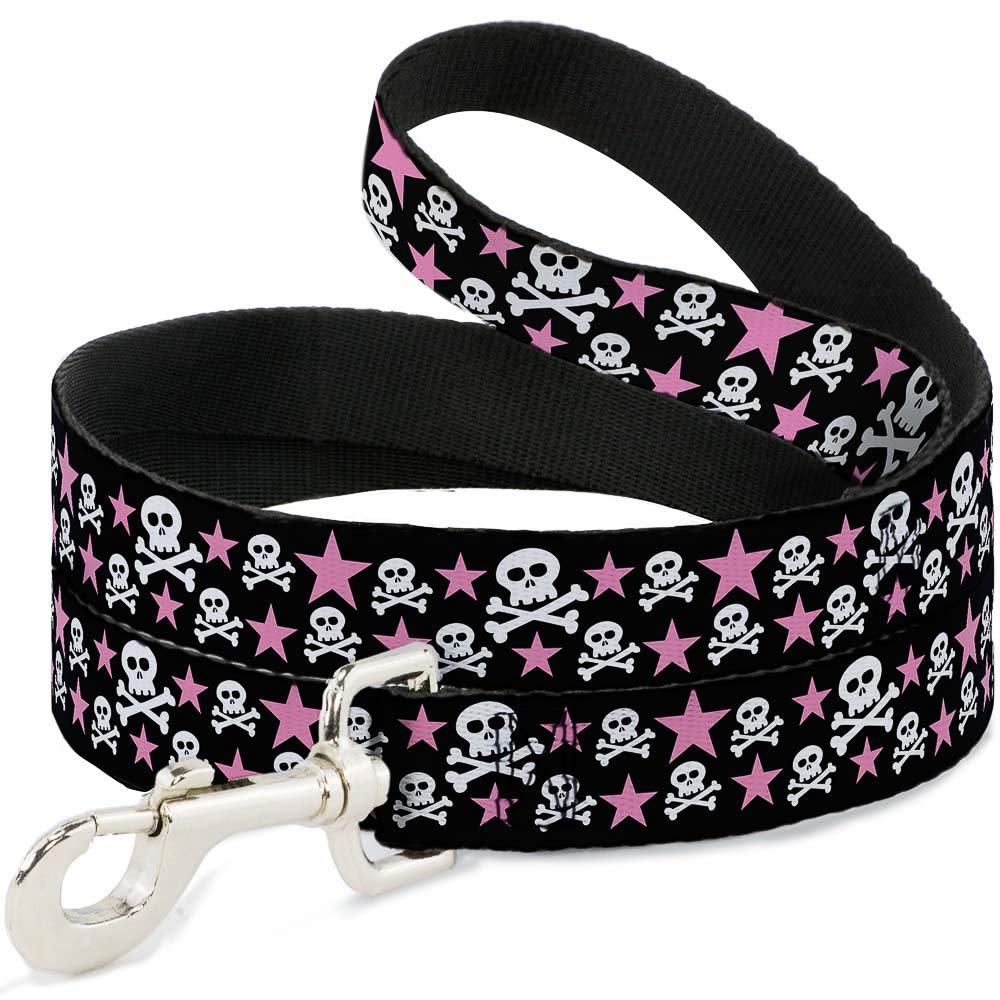 Buckle-Down dog leash in black with skulls and stars, durable print for daily walks.