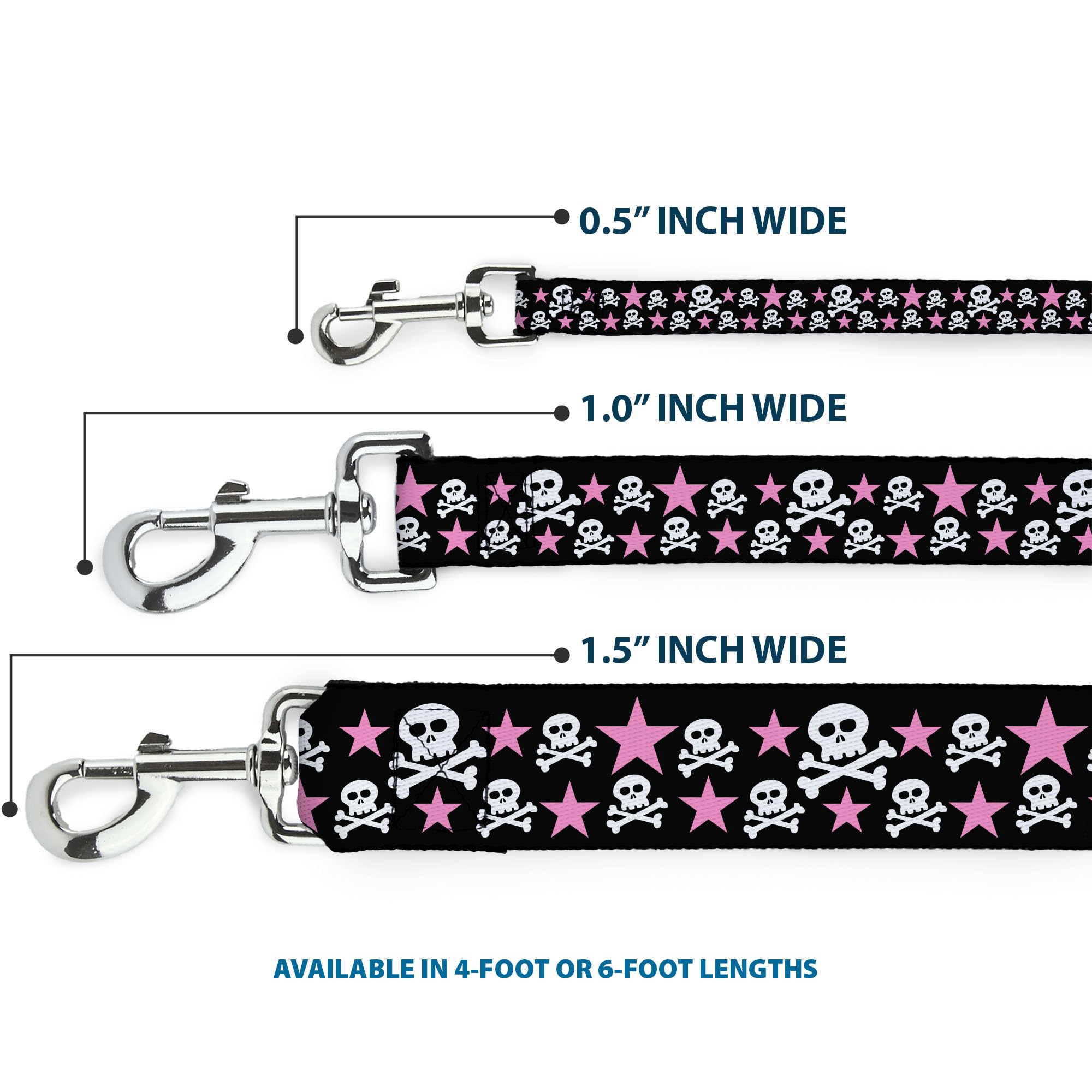 Buckle-Down dog leash in pink with skulls and stars, fashion-forward look for daily adventures.