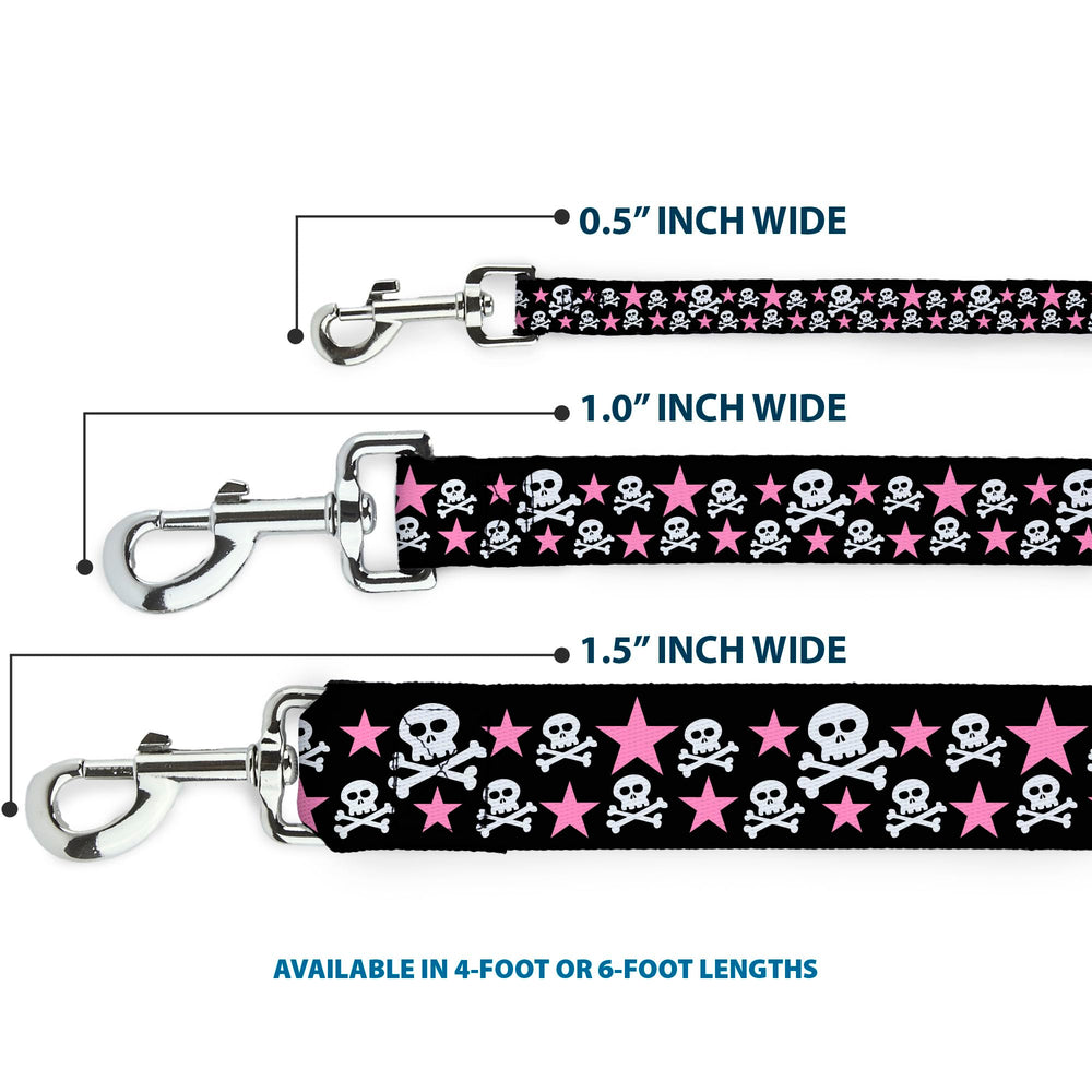 Buckle-Down dog leash in pink with skulls and stars, fashion-forward look for daily adventures.