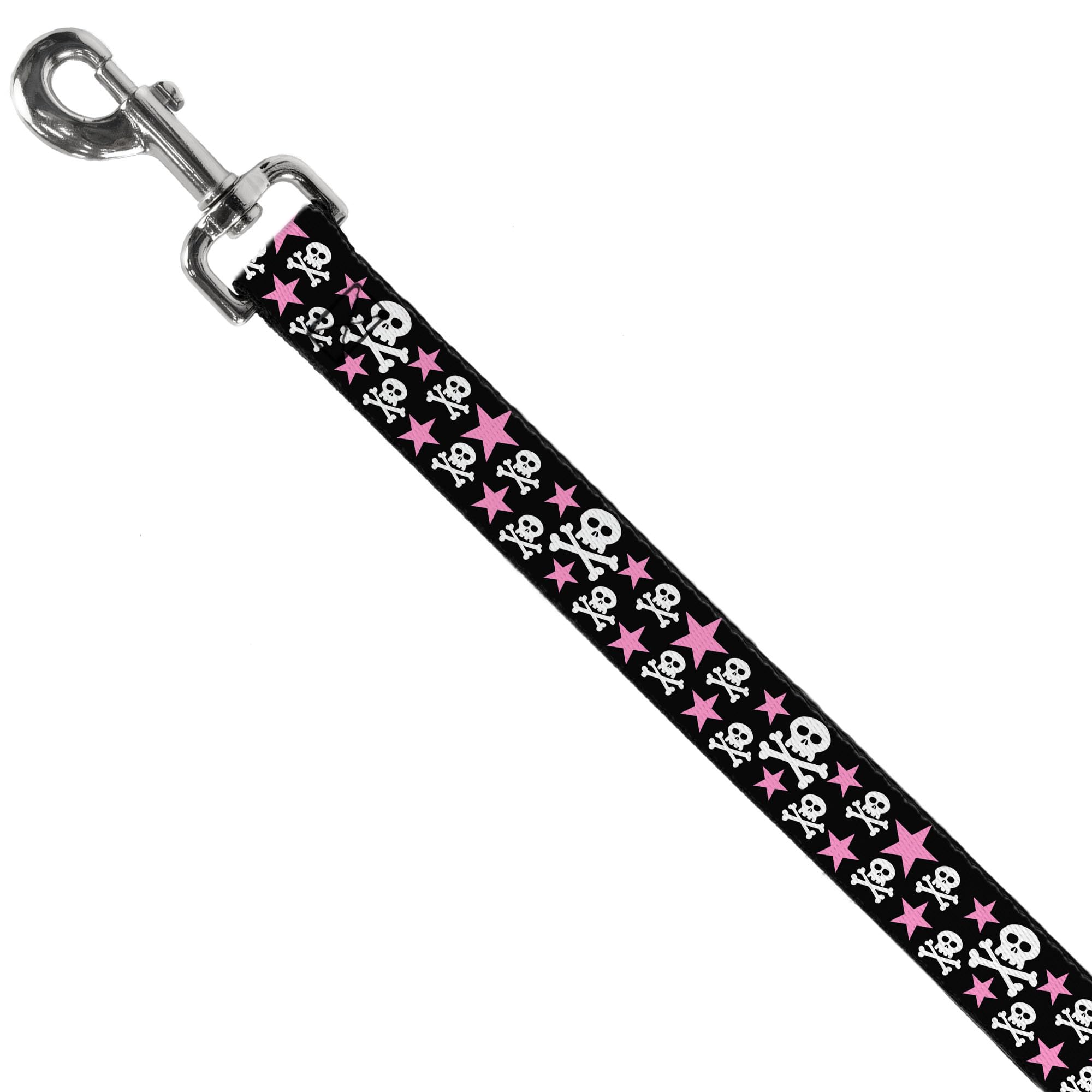 Buckle-Down dog leash in white with skulls and stars, high-visibility design for evening strolls.