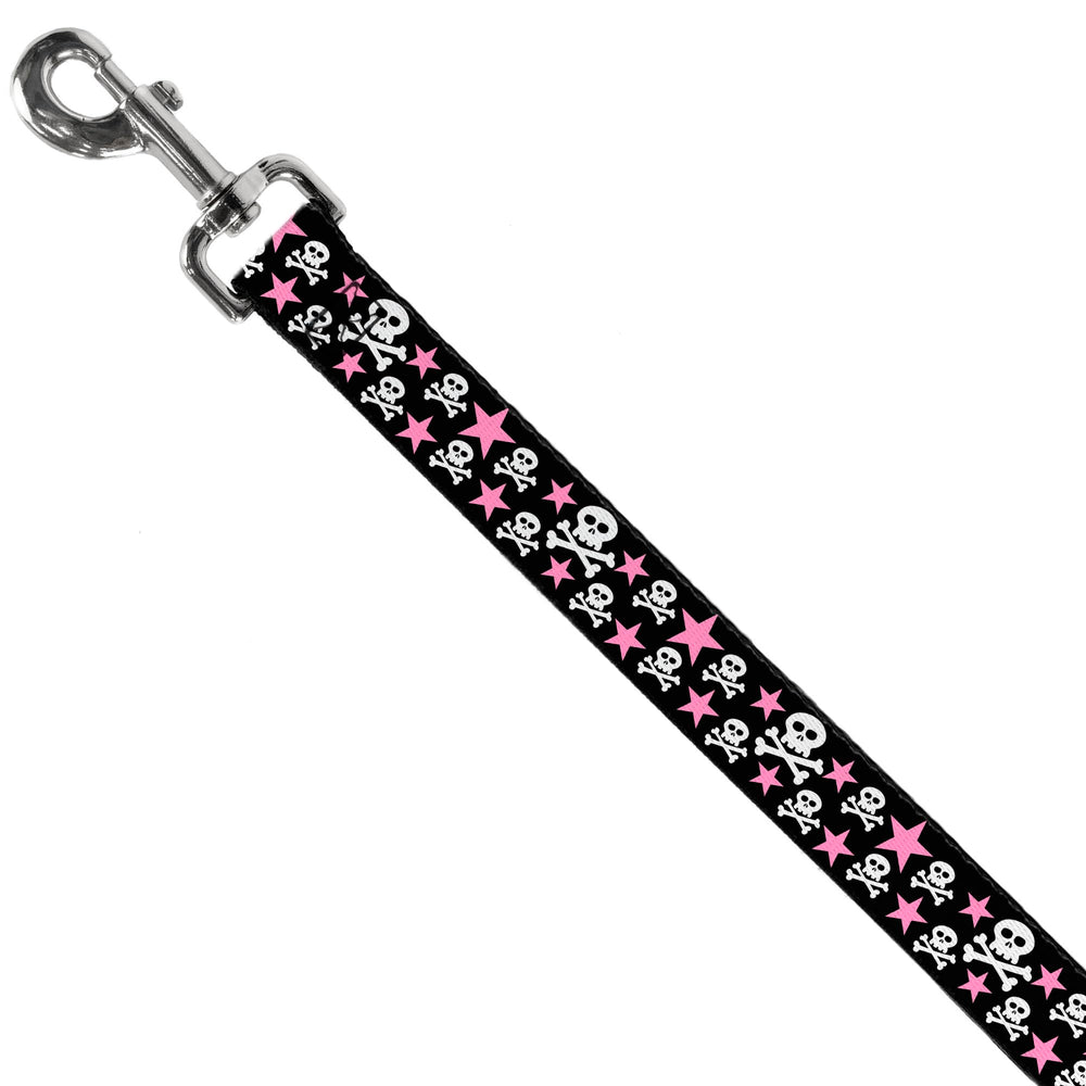 Buckle-Down dog leash in white with skulls and stars, high-visibility design for evening strolls.