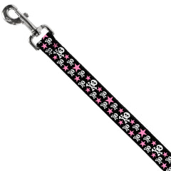 Buckle-Down dog leash in white with skulls and stars, high-visibility design for evening strolls.