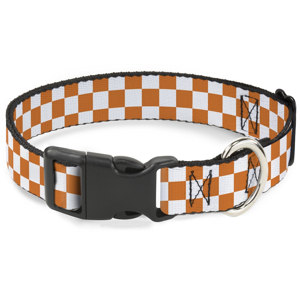 Buckle-Down plastic clip collar with checker white and TN orange for daily wear.