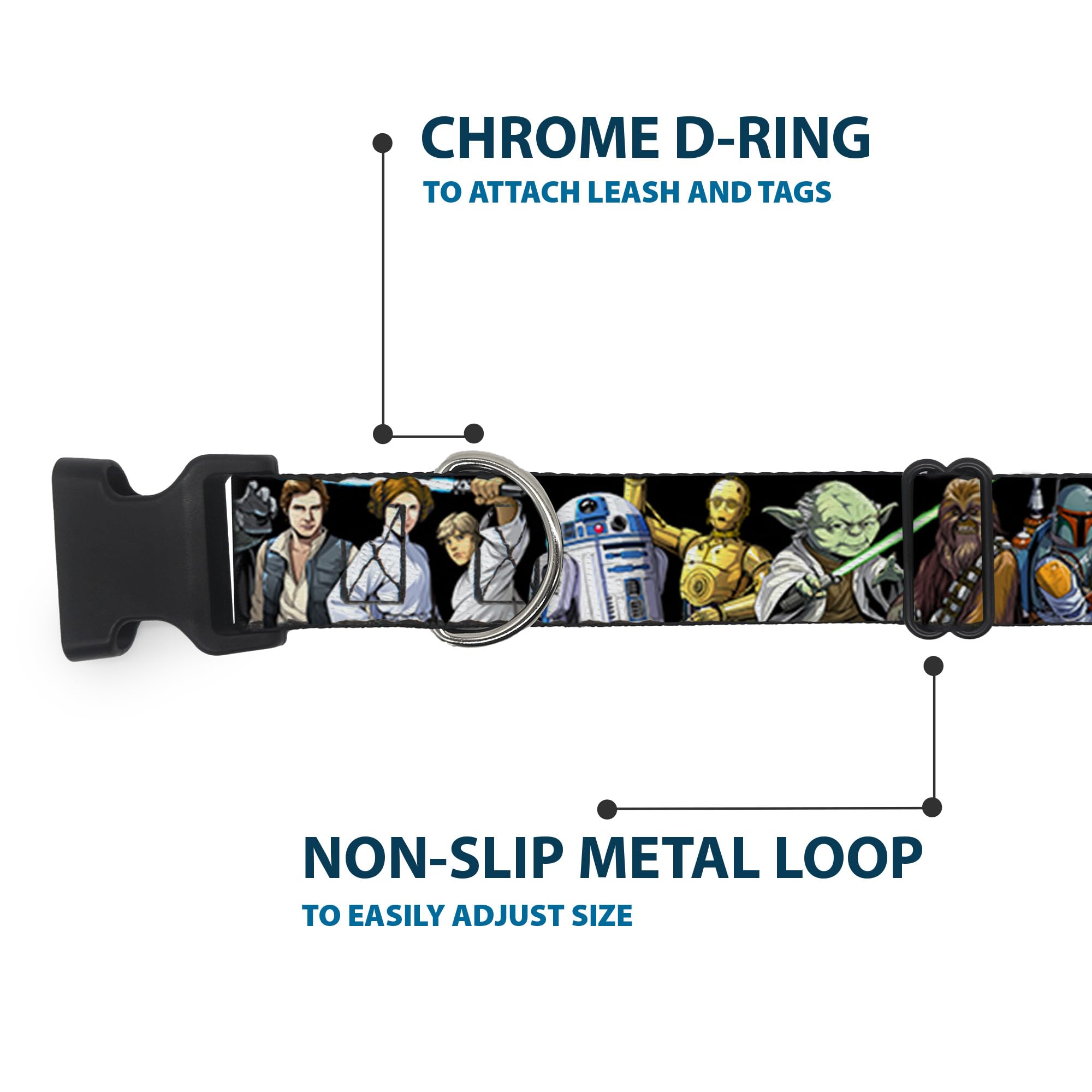 Patterned Buckle-Down Star Wars collar displays iconic poses for playful outings.