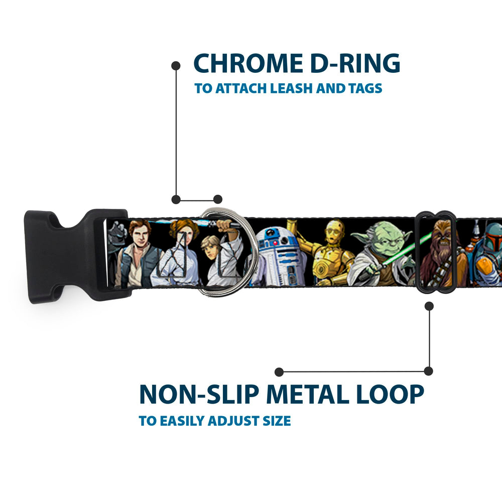 Patterned Buckle-Down Star Wars collar displays iconic poses for playful outings.