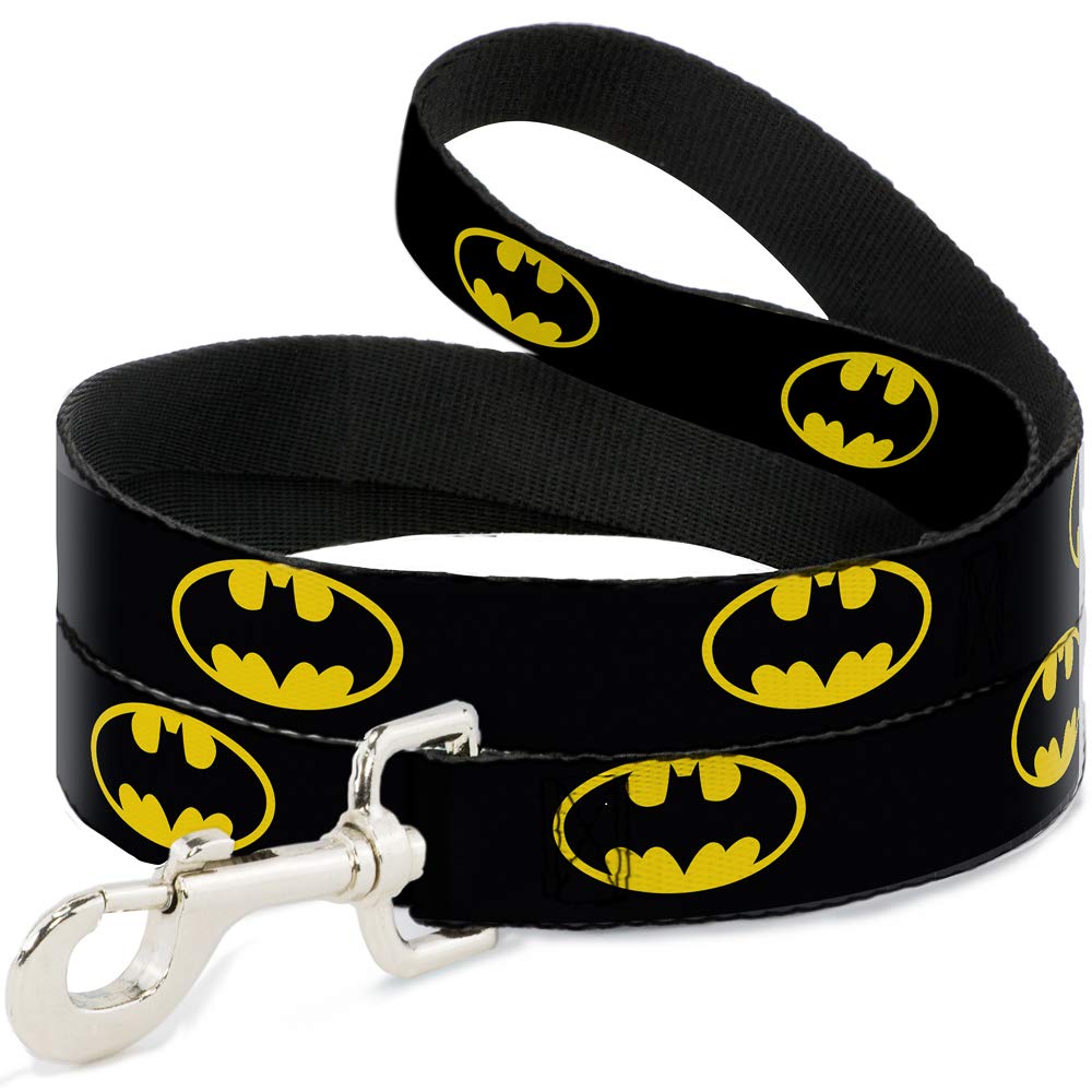 Buckle-Down Batman Shield leash in black and yellow; durable daily walks.