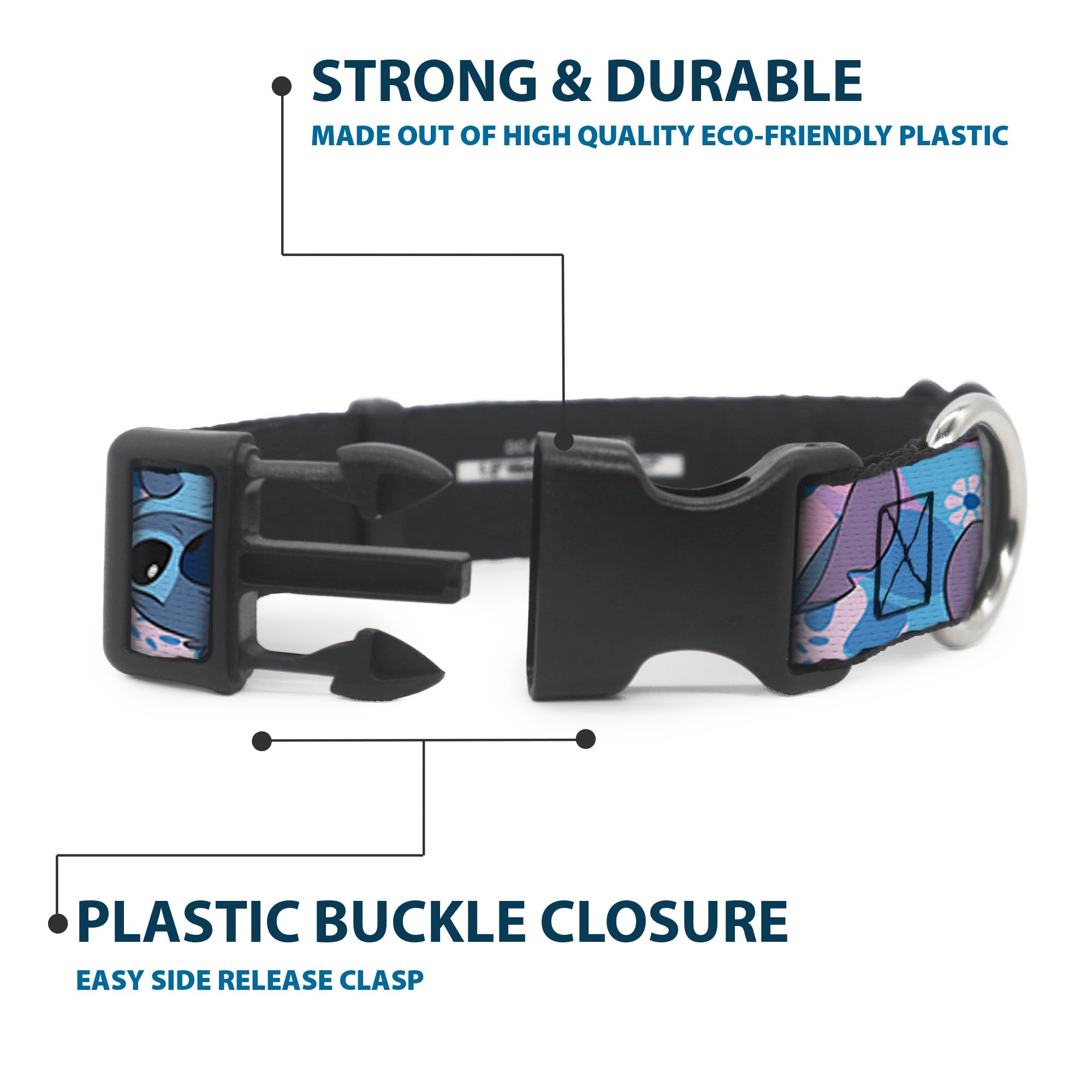 Buckle-Down Disney collar blue-pink pattern close-up conveys vibrant seasonal style.