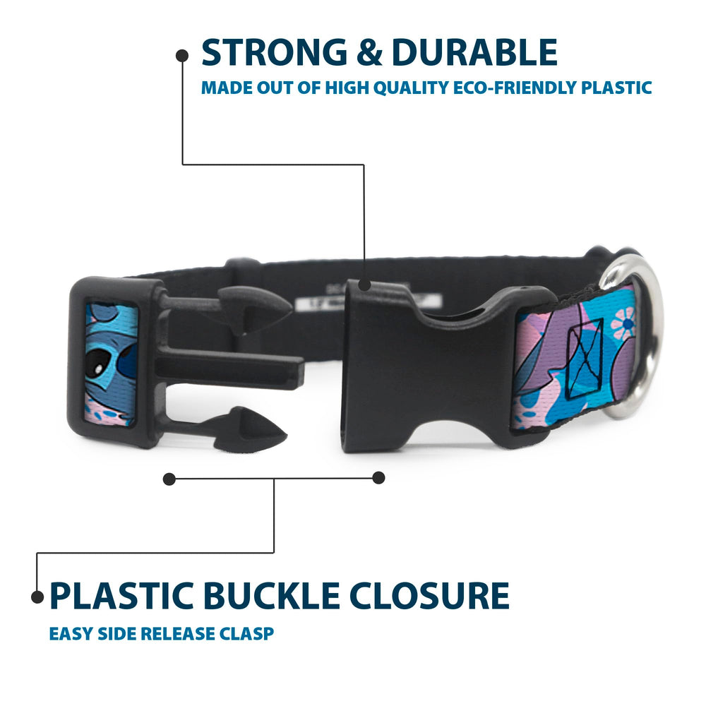 Buckle-Down Disney collar blue-pink pattern close-up conveys vibrant seasonal style.
