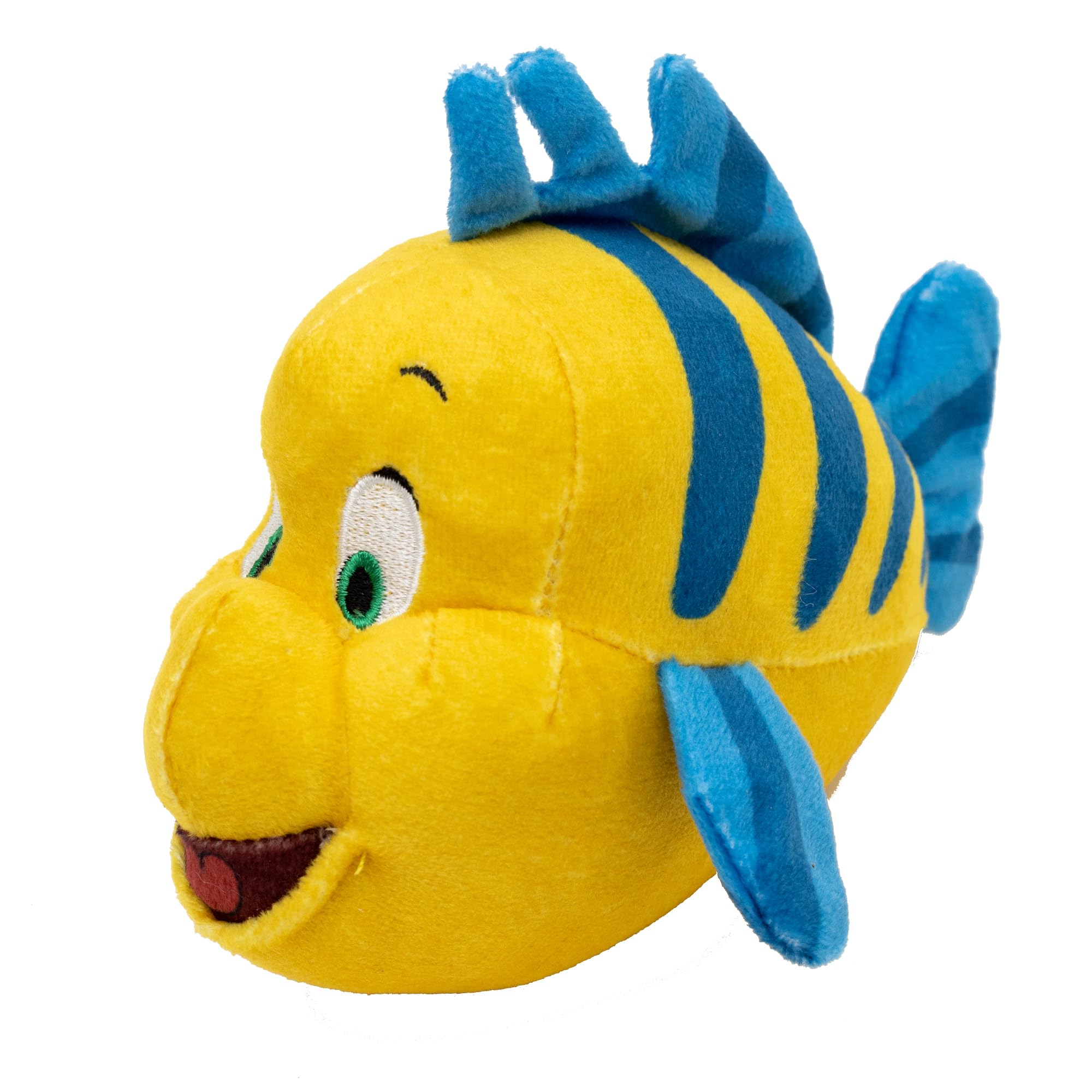 Buckle-Down Disney Flounder plush dog toy close-up shows squeaker and soft fabric