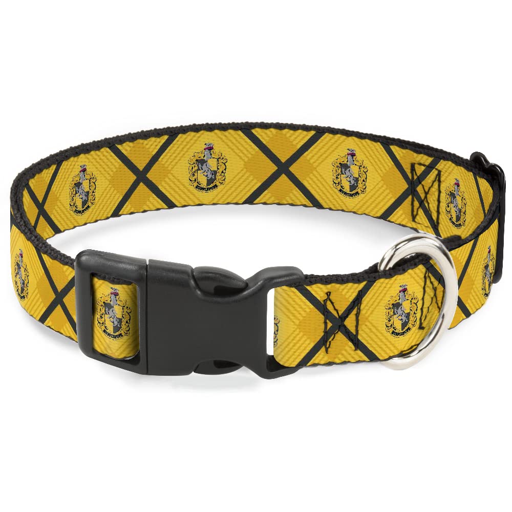 Buckle-Down dog collar front view with Hufflepuff crest and plaid colors for daily adventures.