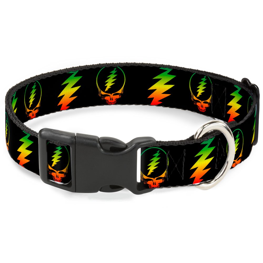Buckle-Down dog collar with steal-your-face lightning bolt on black rasta; durable daily wear.