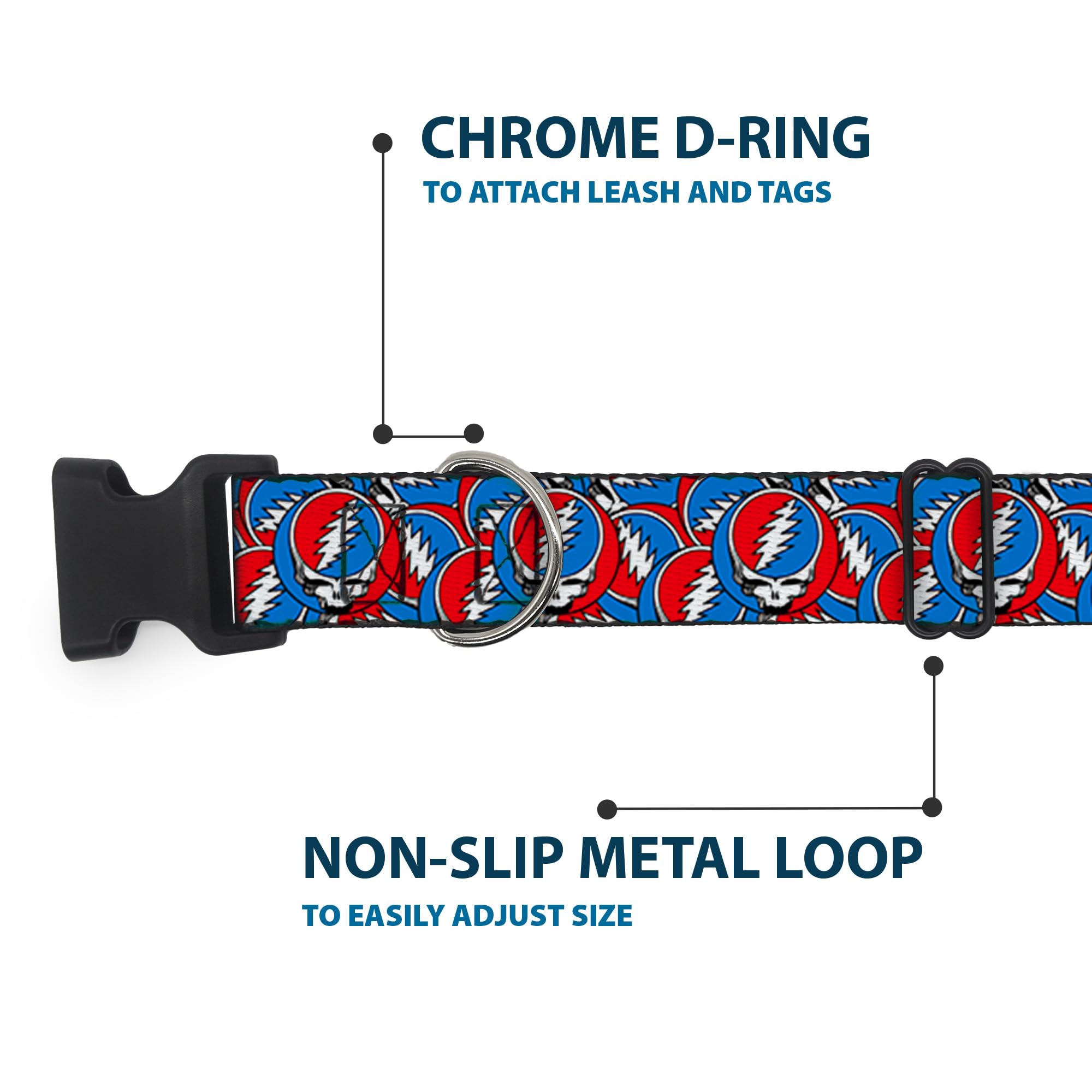 Buckle-Down Grateful Dead collar adjustable range demonstrates customizable fit