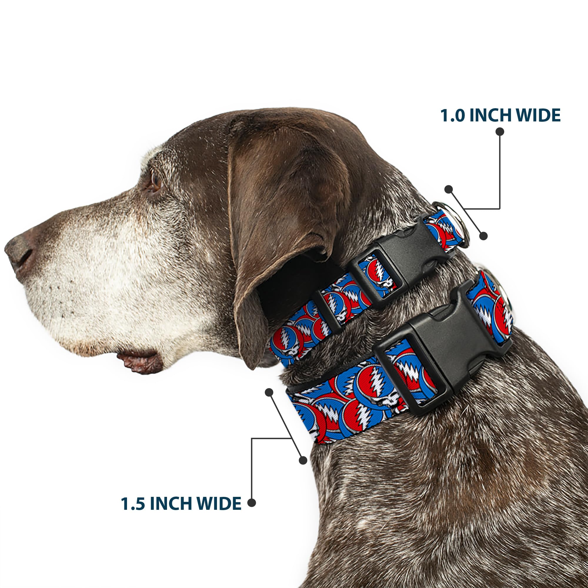 Buckle-Down Grateful Dead dog collar buckle emphasizes secure quick-release hardware for easy on/off