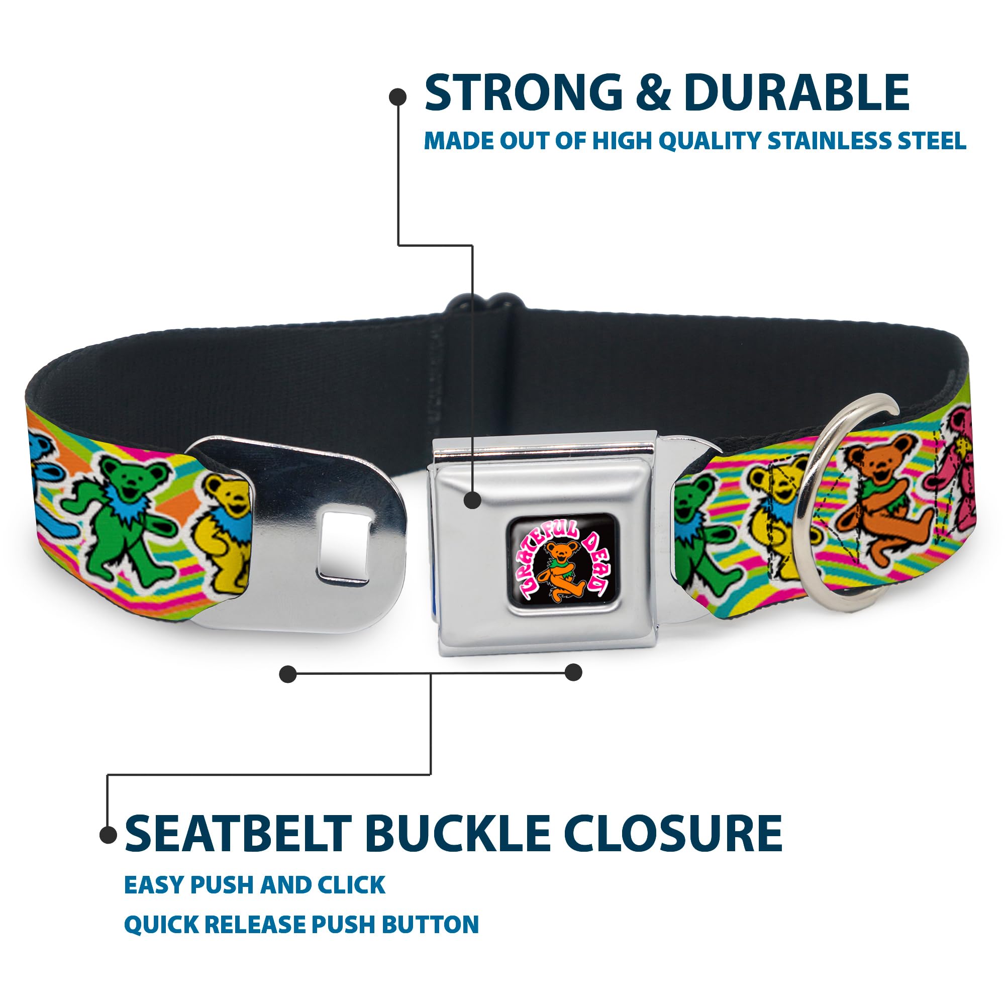 Buckle-Down Made in USA dog collar seatbelt hardware for durability.