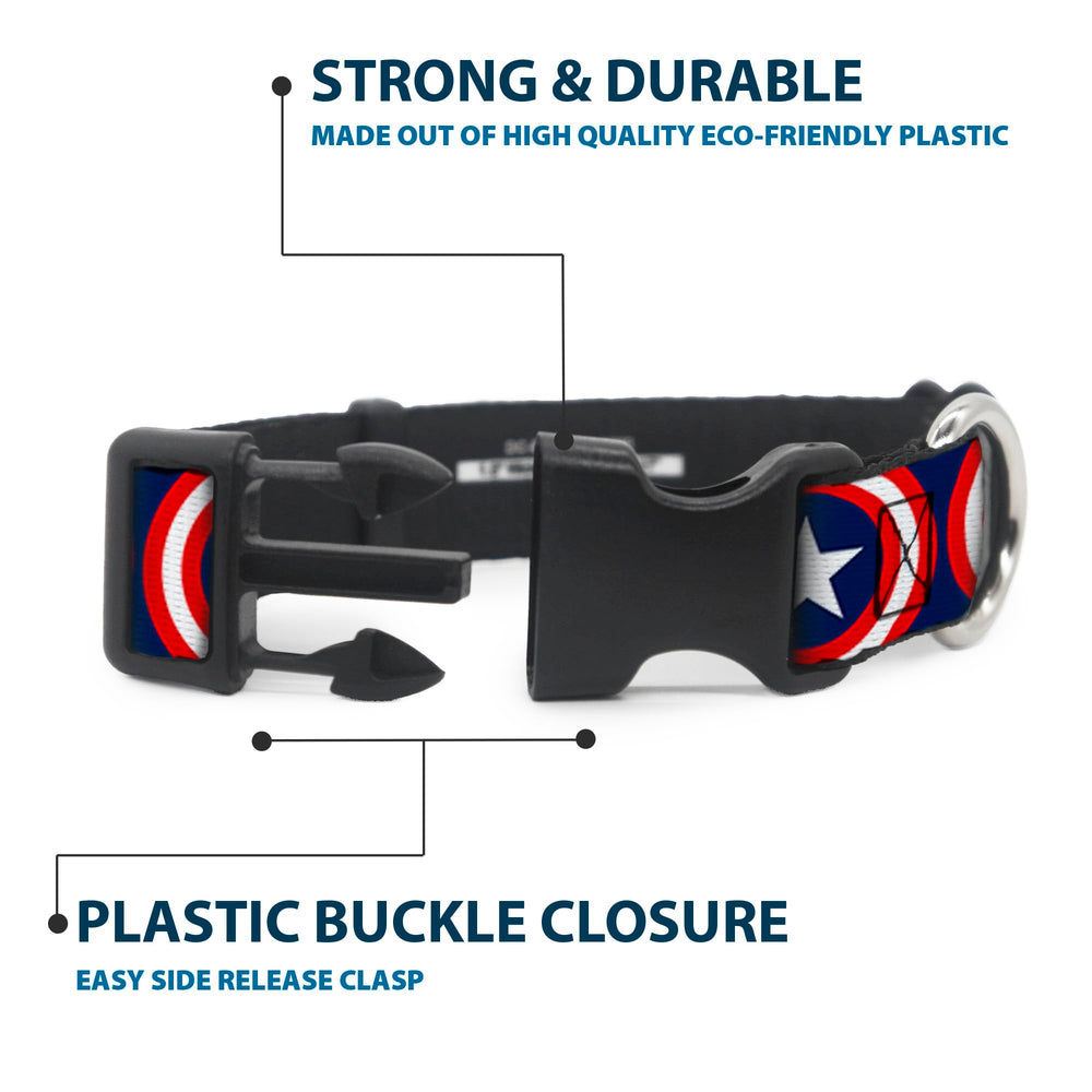 Buckle-Down Marvel Captain America Shield Repeat Navy collar D-ring demonstrates durable leash attachment