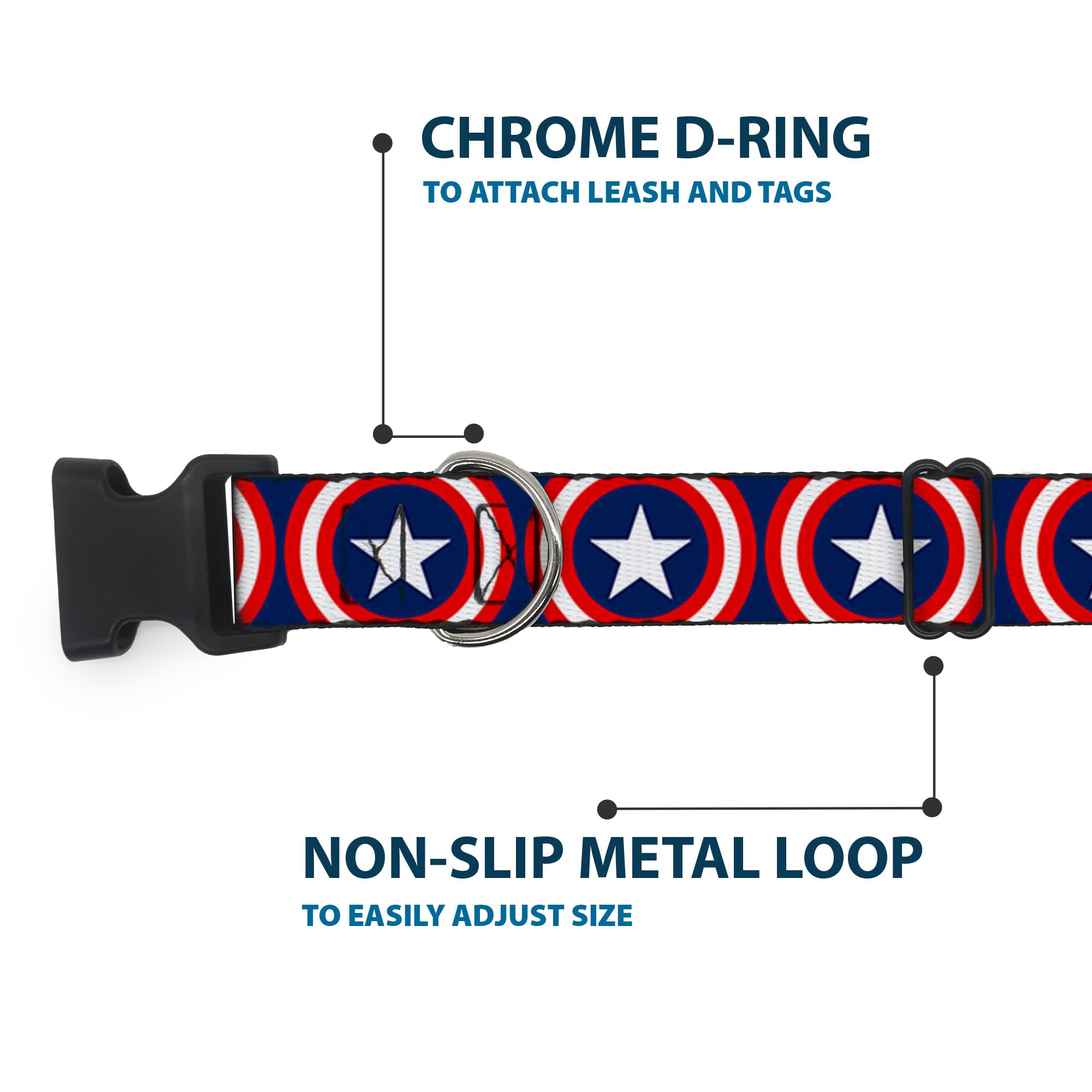 Buckle-Down Marvel Captain America Shield Repeat Navy collar fabric detail highlights premium polyester