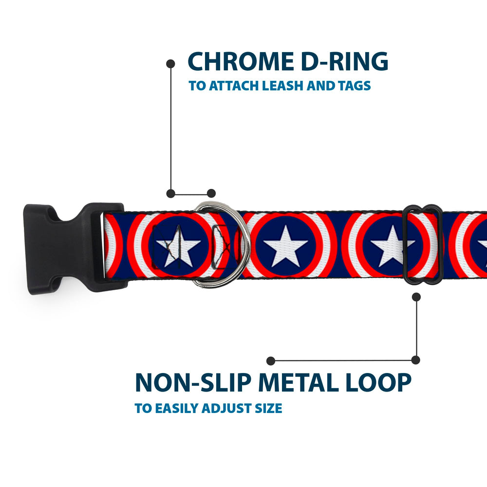 Buckle-Down Marvel Captain America Shield Repeat Navy collar fabric detail highlights premium polyester