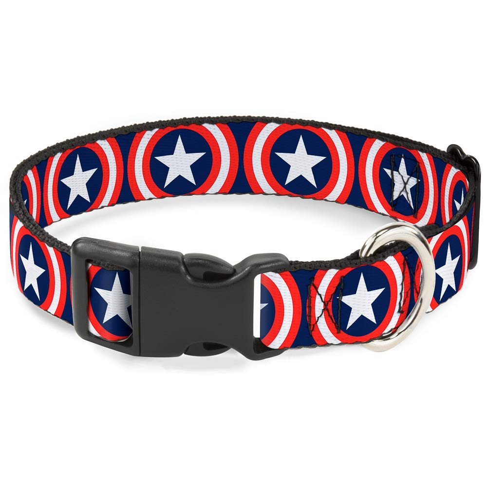 Buckle-Down Marvel Captain America Shield Repeat Navy collar front view showing bold design and comfort