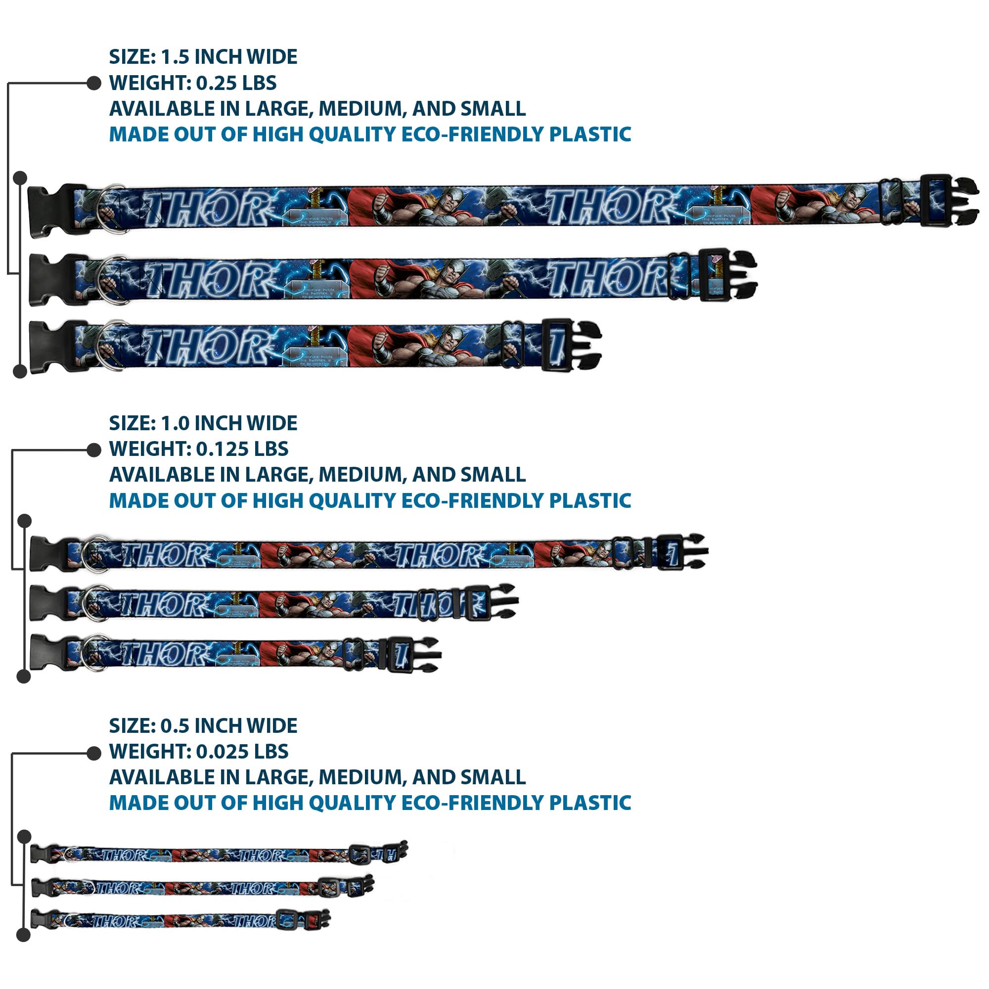 Buckle-Down Marvel collar features plastic buckle and D-ring for secure wear.
