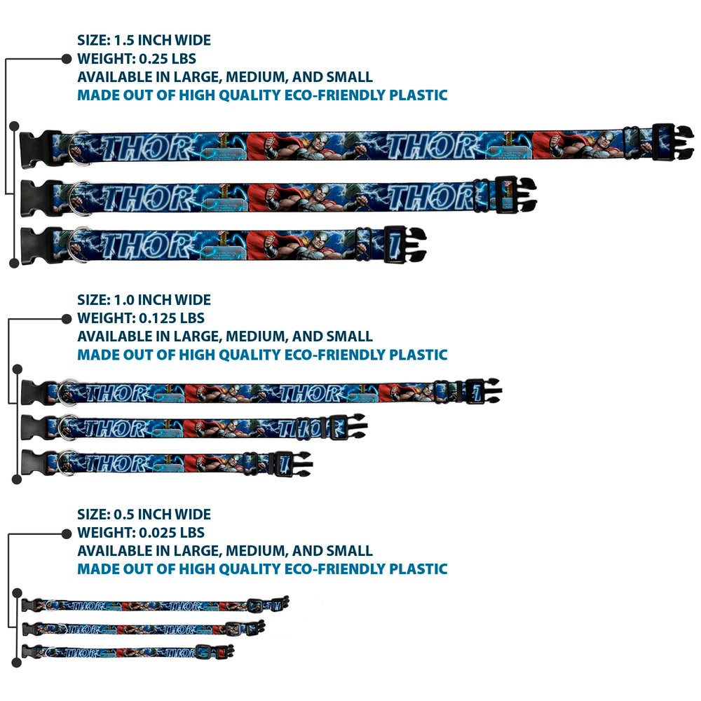 Buckle-Down Marvel collar features plastic buckle and D-ring for secure wear.