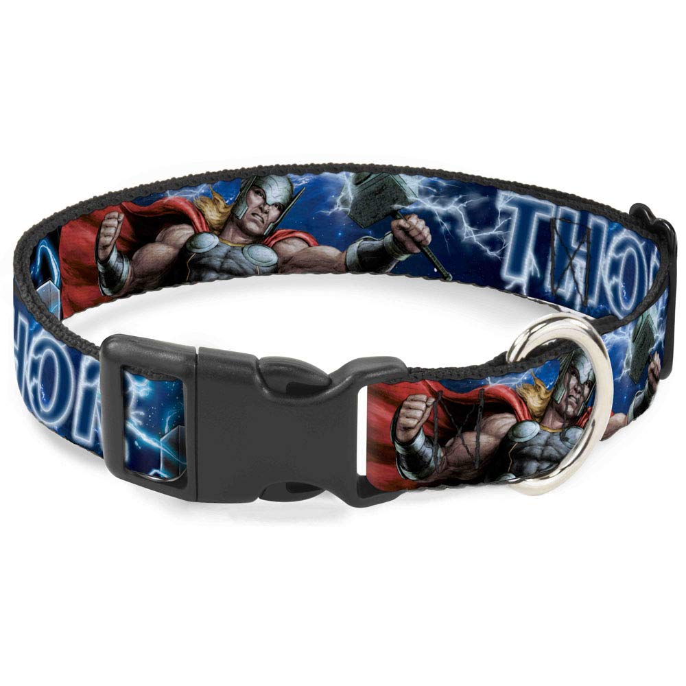 Buckle-Down Marvel dog collar with Thor hammer pose for standout daily walks.