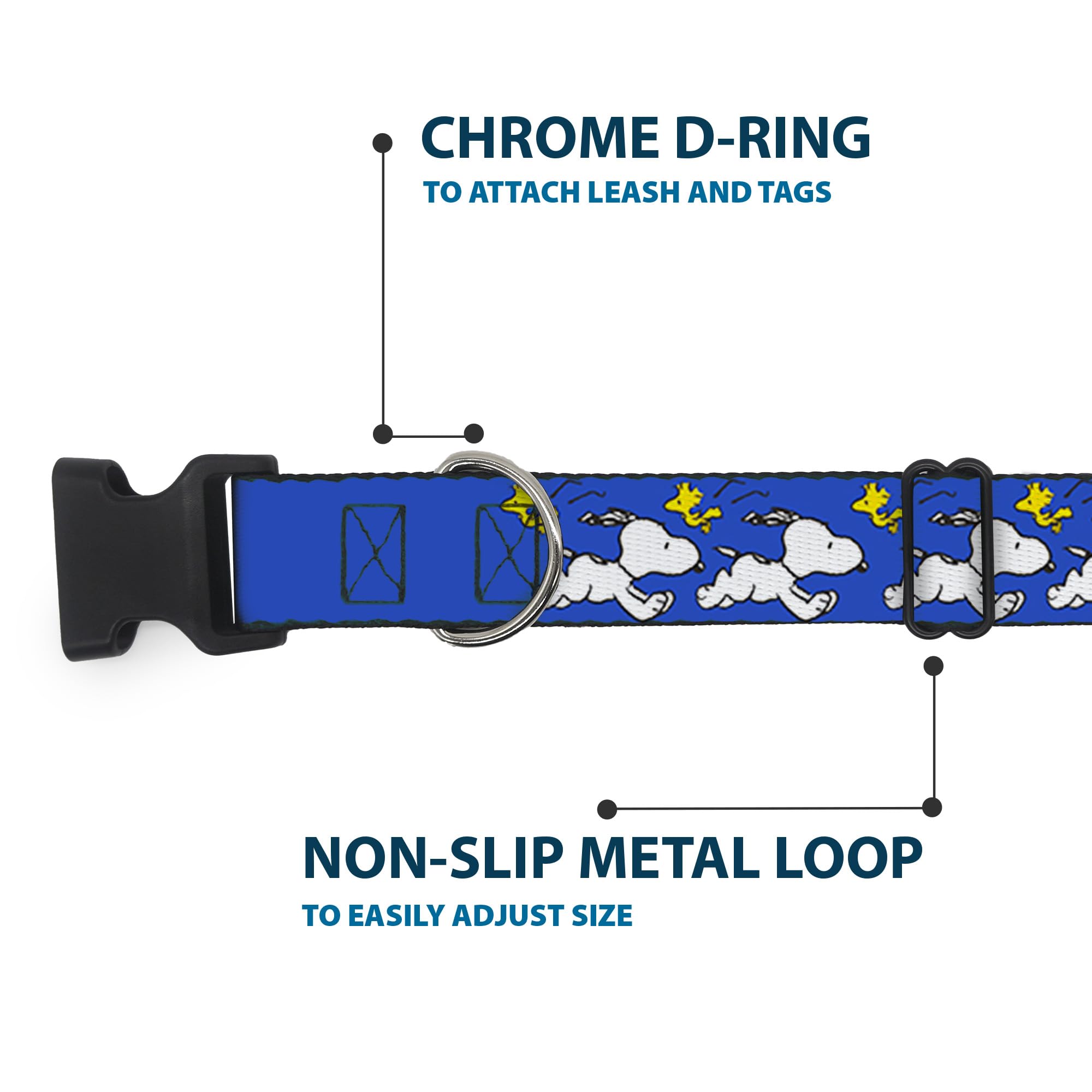 D-ring attachment on Buckle-Down Peanuts collar provides reliable leash connection.