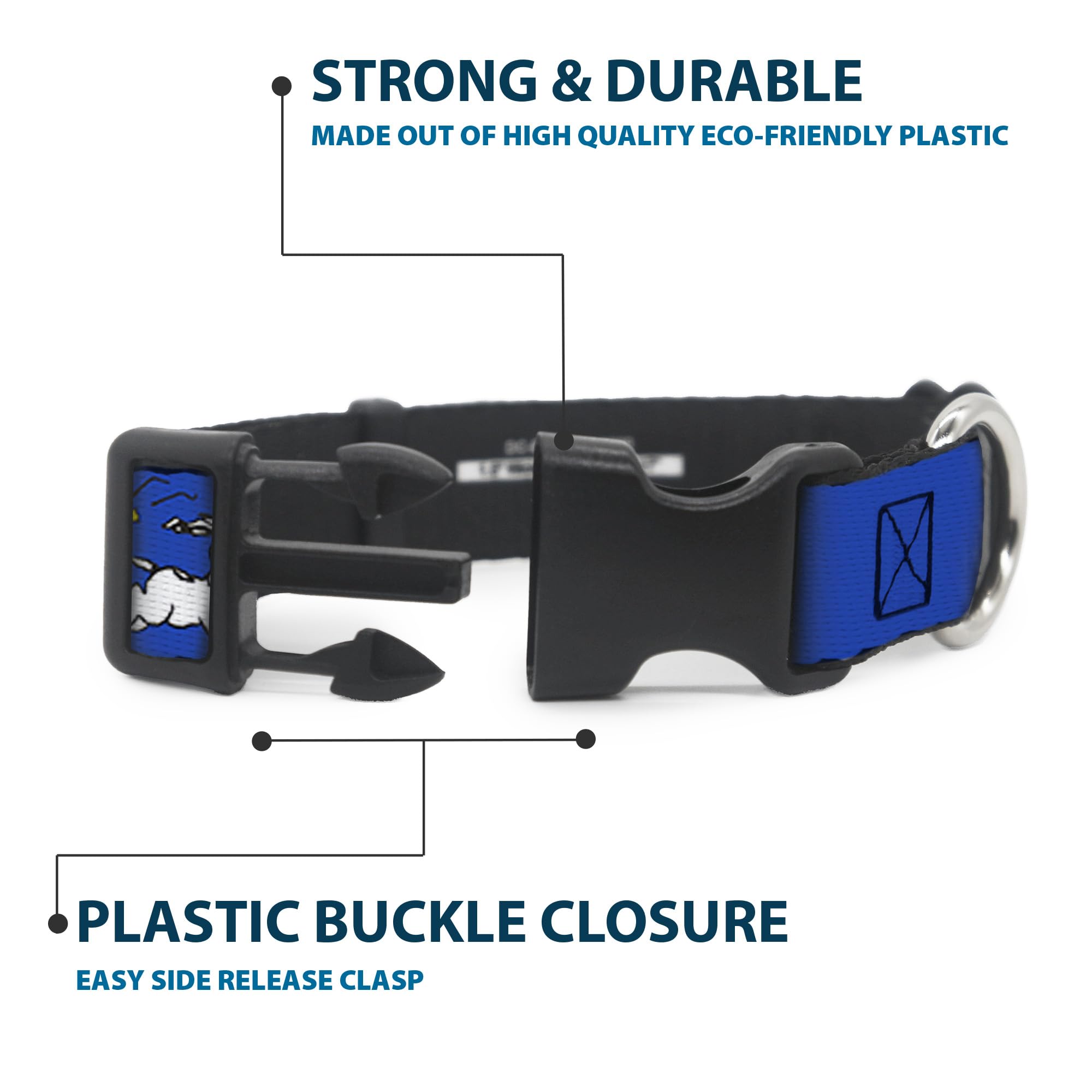Plastic buckle detail on Buckle-Down Peanuts collar for secure use.