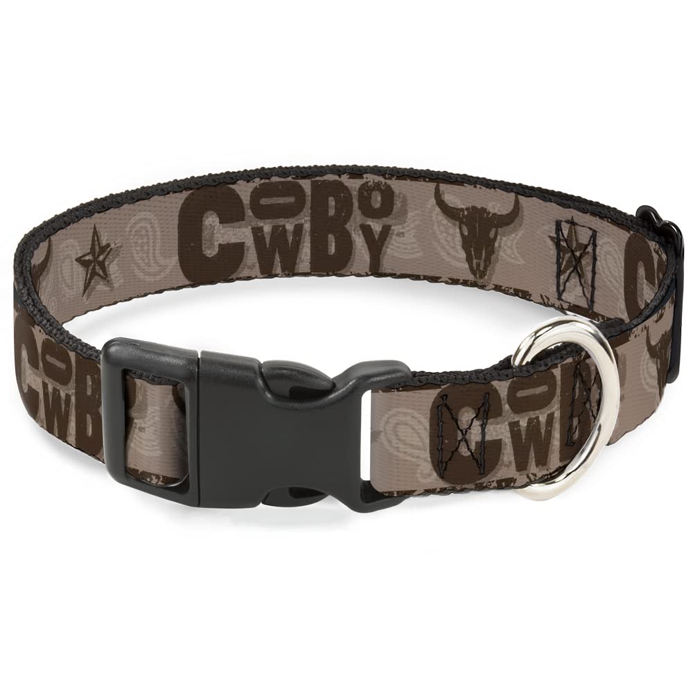 Buckle-Down pet collar with western icons on tan fabric for daily stylish wear.