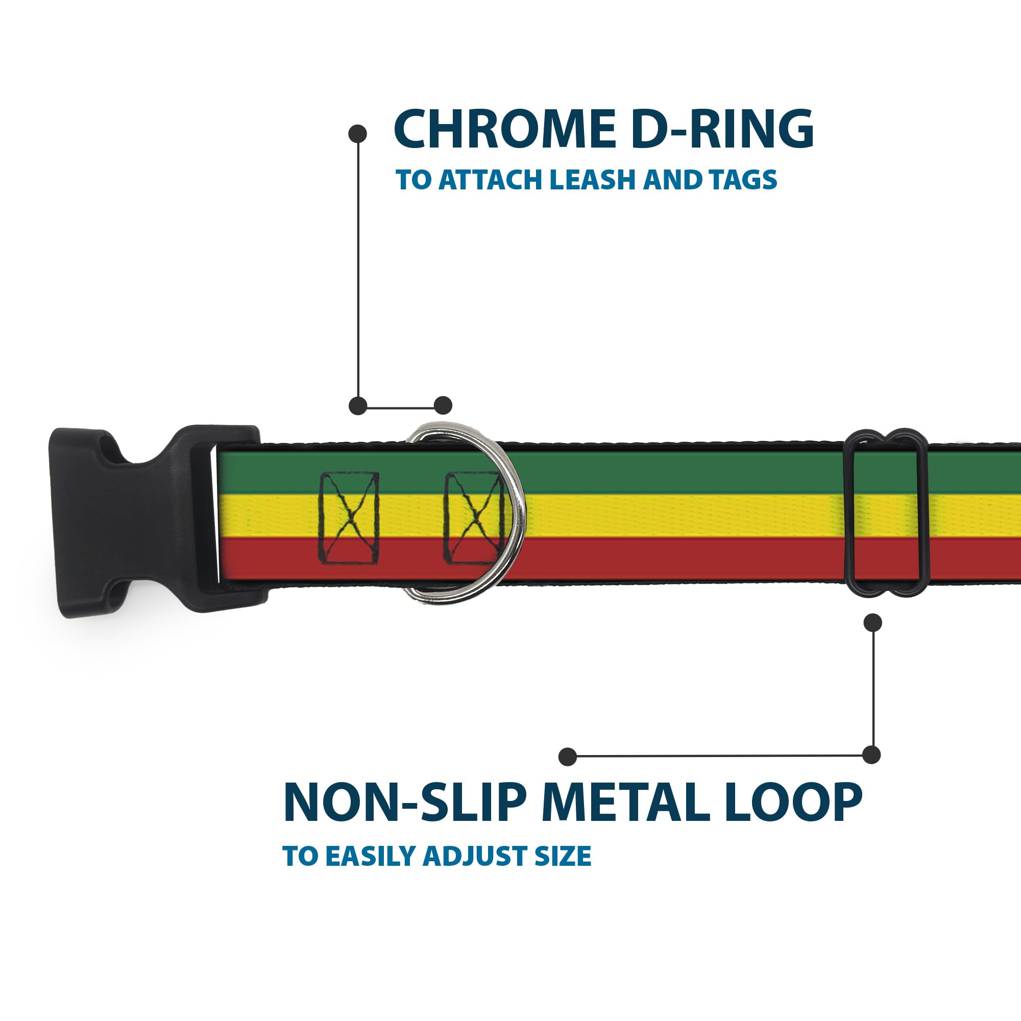 Buckle-Down Rasta collar neck range 18-32 inches for versatile sizing.