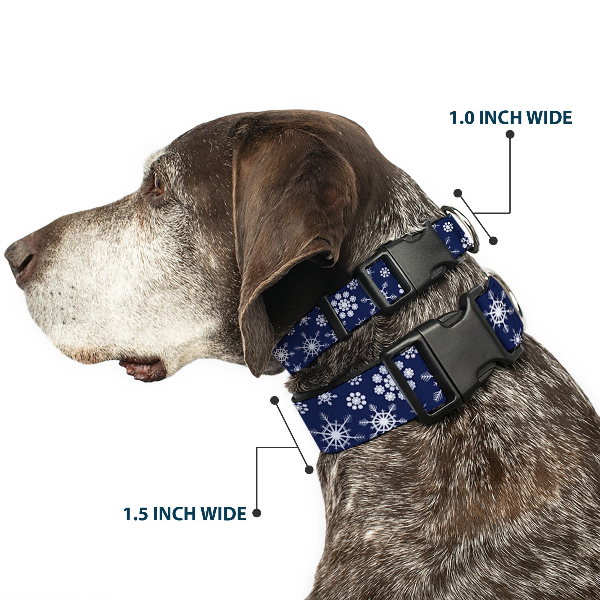 Buckle-Down Snowflakes collar buckle close-up highlights durable plastic clip.
