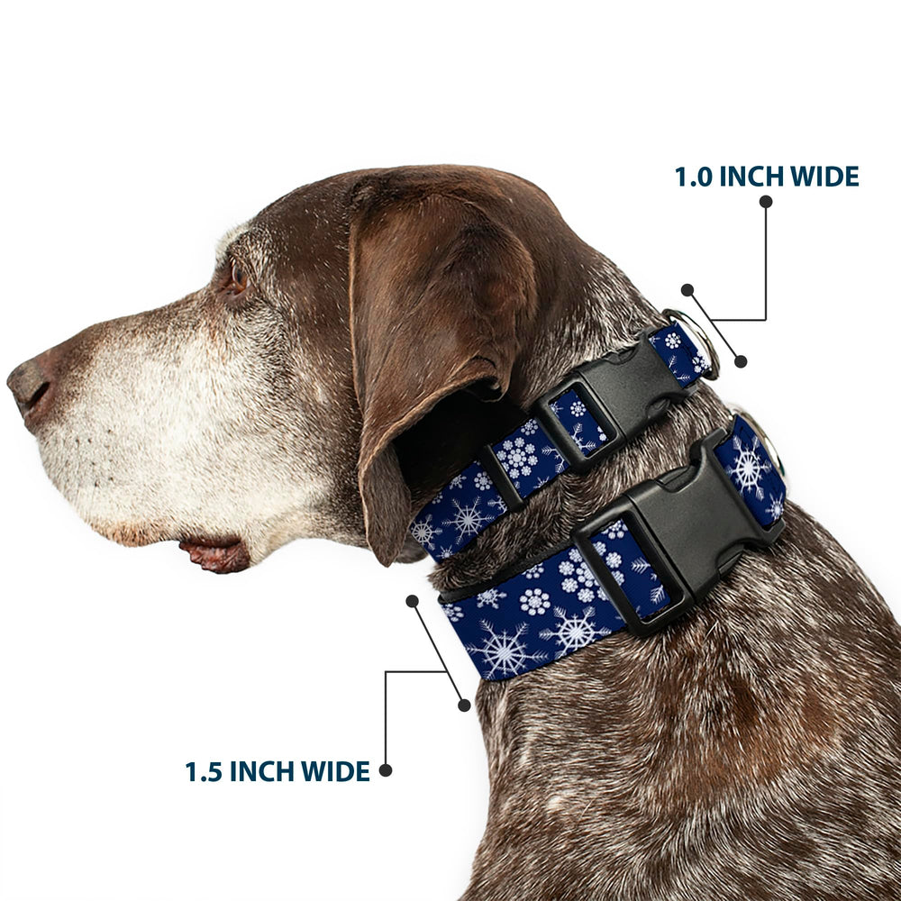 Buckle-Down Snowflakes collar buckle close-up highlights durable plastic clip.