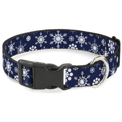 Buckle-Down Snowflakes collar front view shows bold blue and white print for everyday wear.