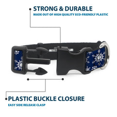 Buckle-Down Snowflakes collar side profile highlights vibrant print and 1-inch width.