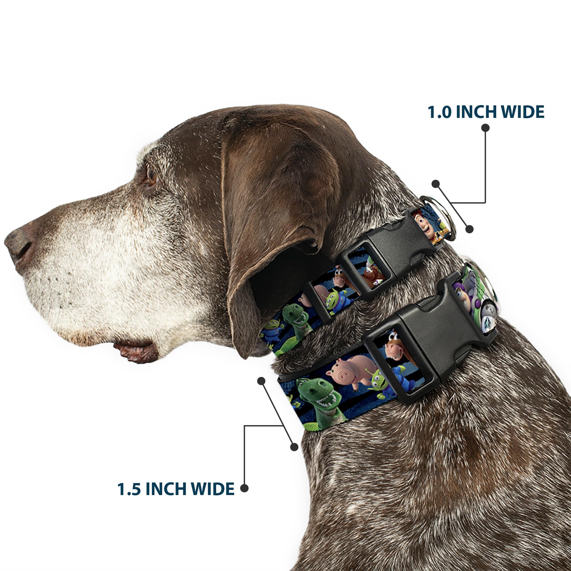 Buckle-Down Toy Story Running2 Denim Rays collar on dog side view for stylish daily walks