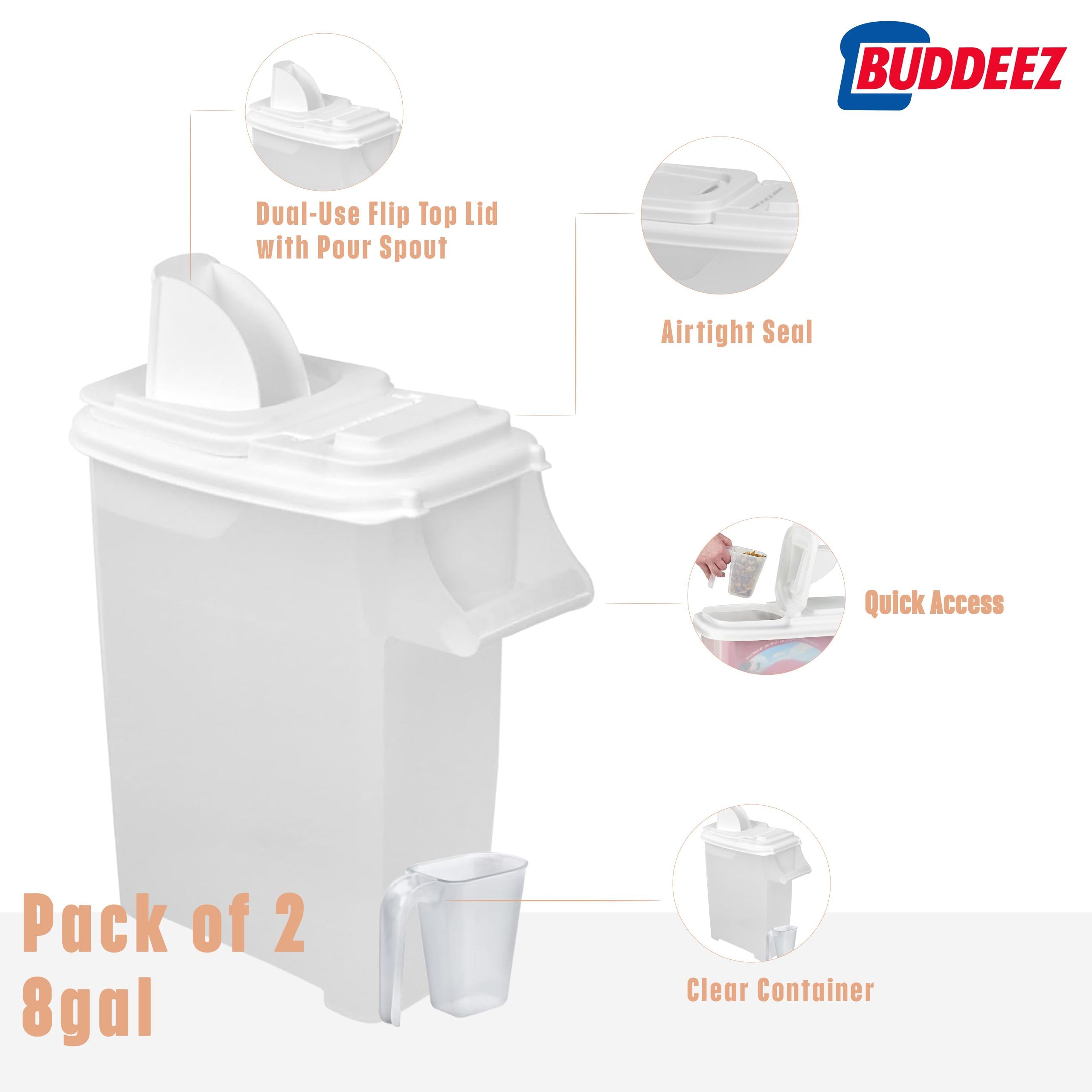 Buddeez containers ideal for dogs, cats, birds and other pets for organized feeding.